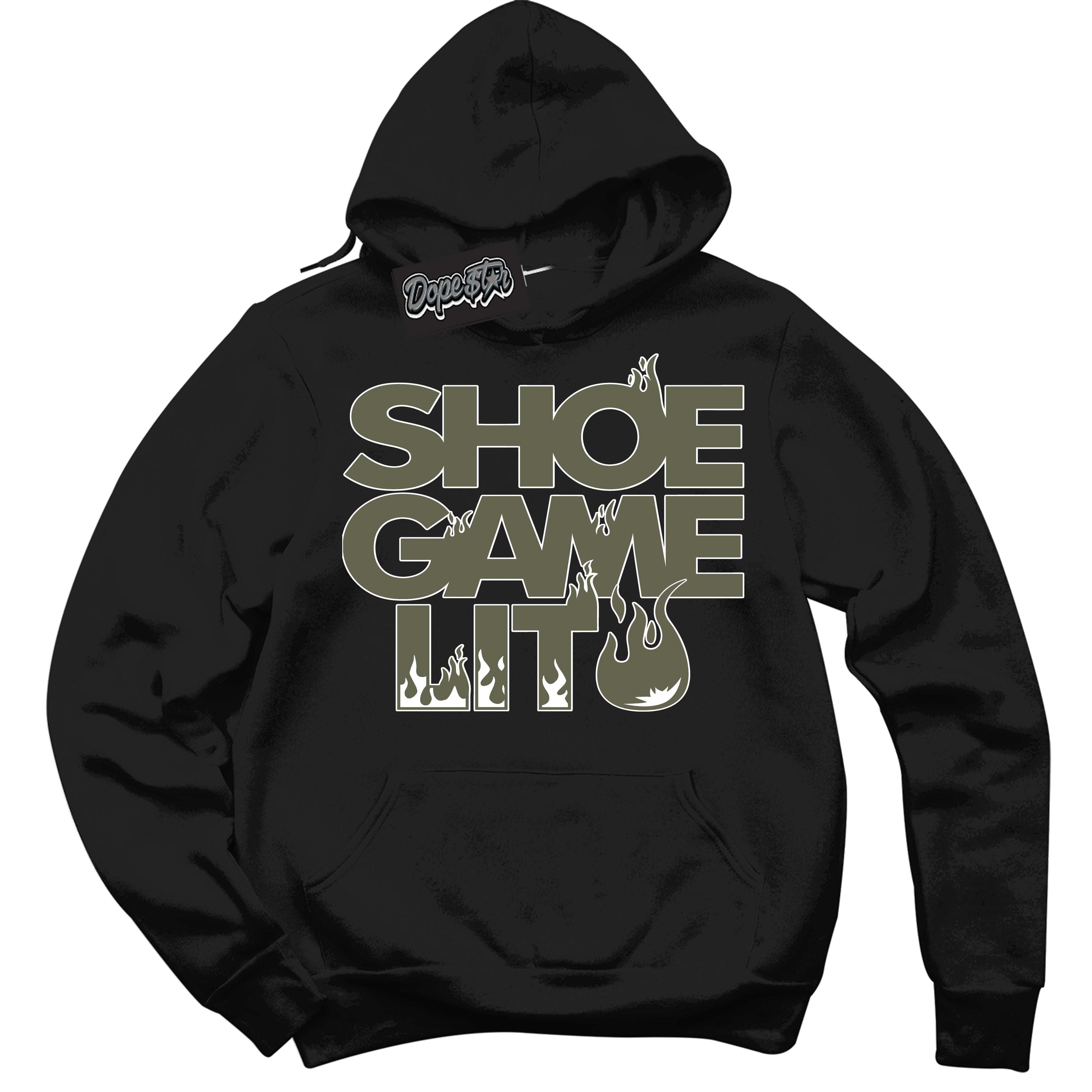 Cool Black Hoodie with “ Shoe Game Lit ”  design that Perfectly Matches  Medium Olive Sneakers.