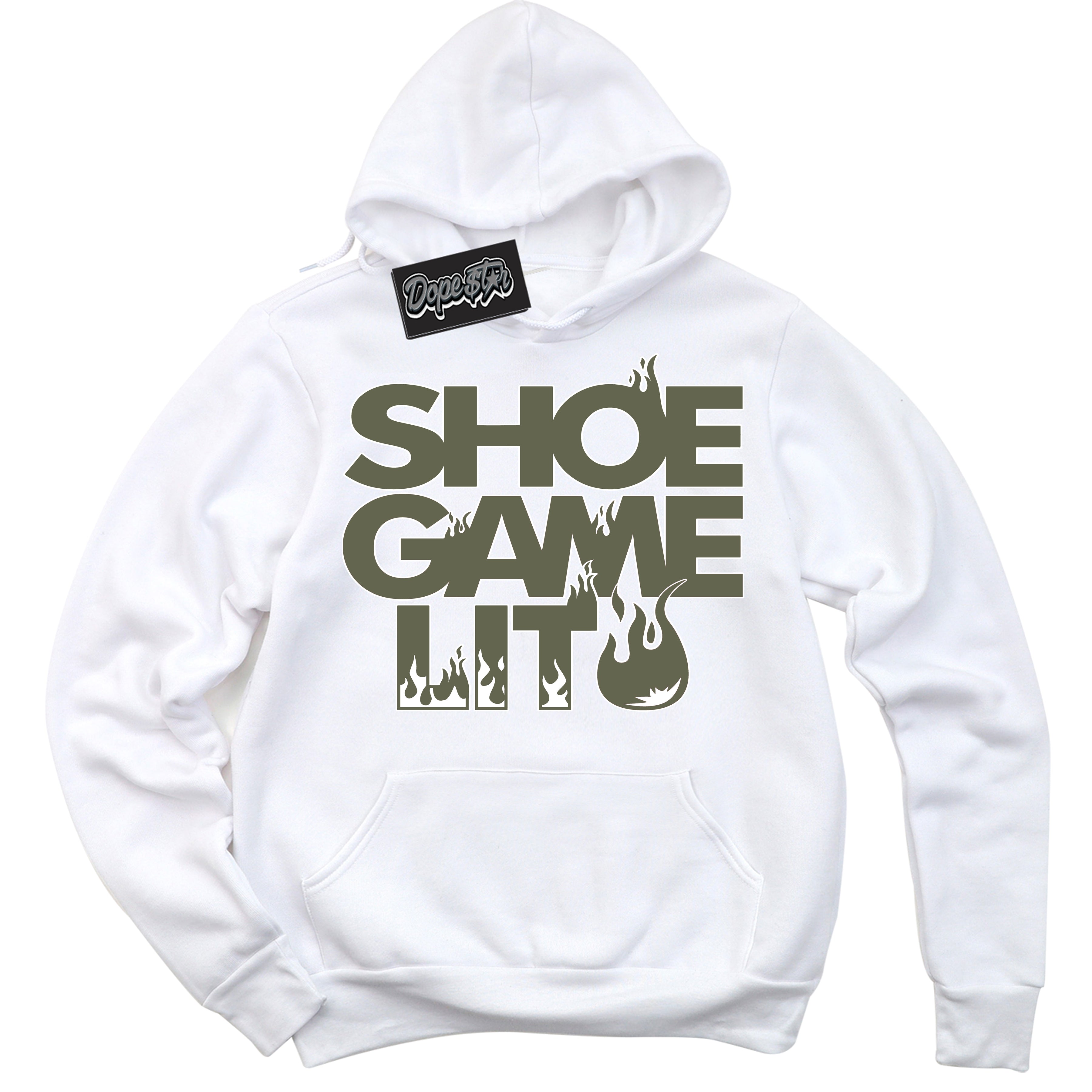 Cool White Hoodie with “ Shoe Game Lit ”  design that Perfectly Matches  Medium Olive Sneakers.