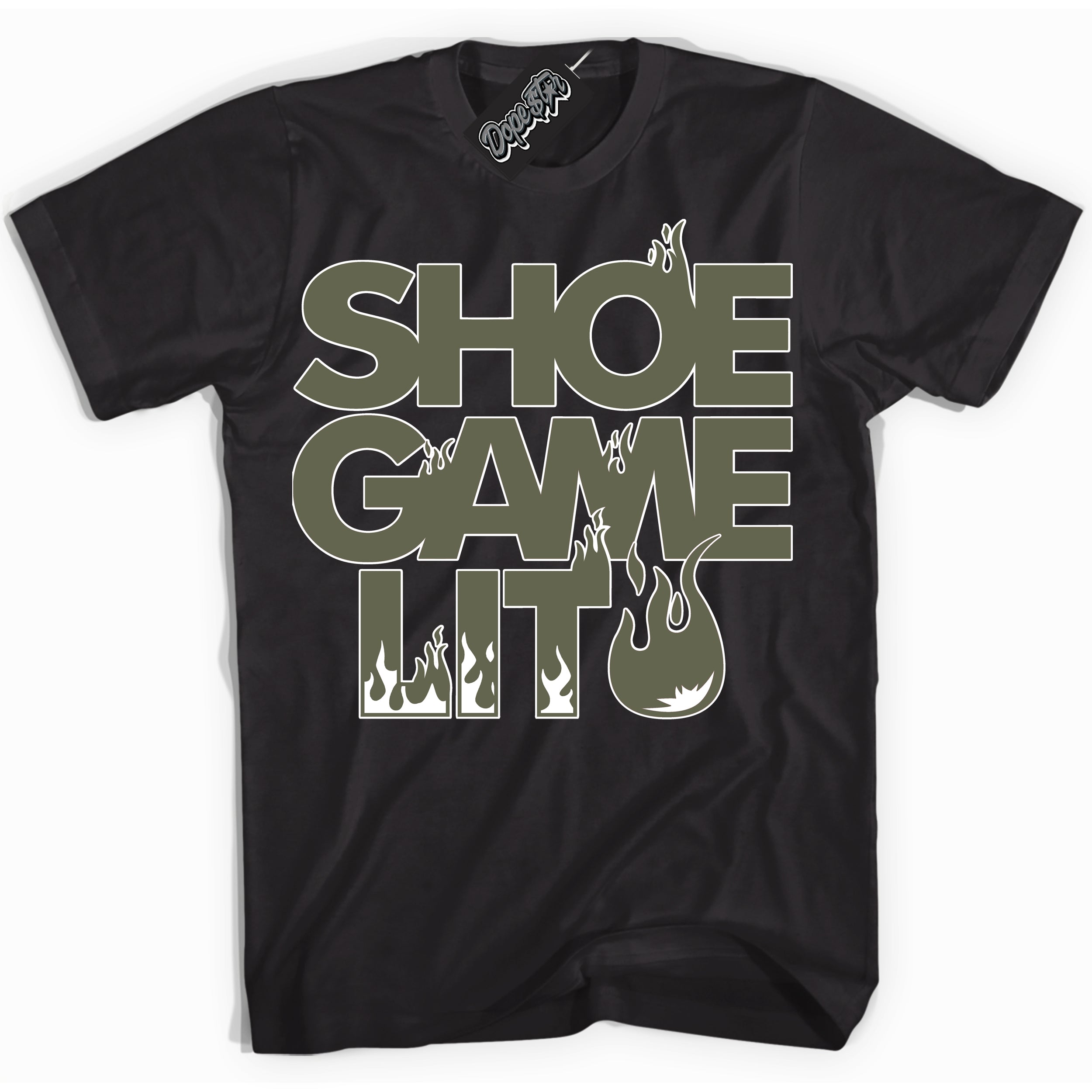 Cool Black Shirt with “ Shoe Game Lit ” design that perfectly matches Medium Olive Sneakers.