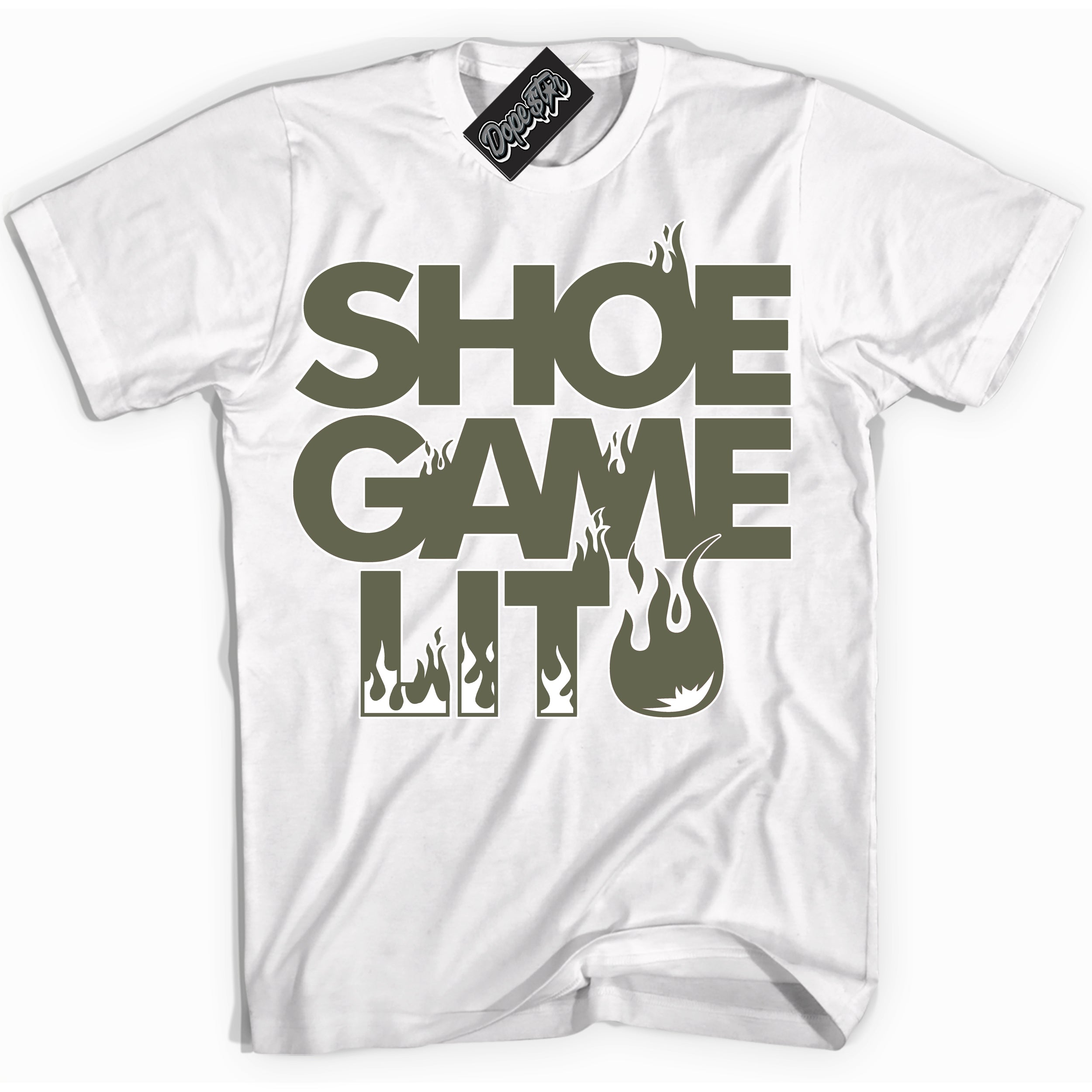 Cool White Shirt with “ Shoe Game Lit ” design that perfectly matches Medium Olive Sneakers.