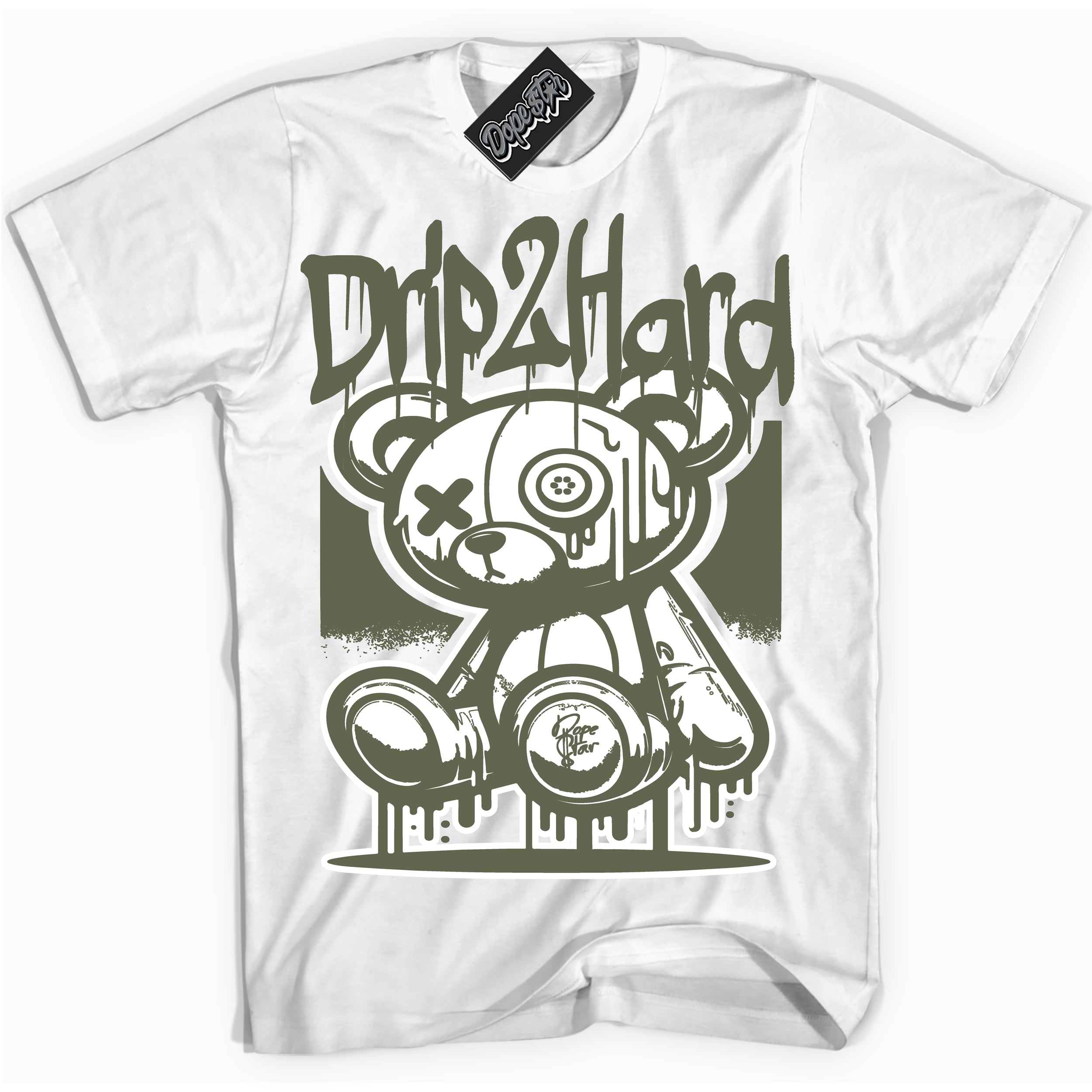 Cool White graphic tee with “ Drip 2 Hard ” design, that perfectly matches Dunk Low Medium Olive