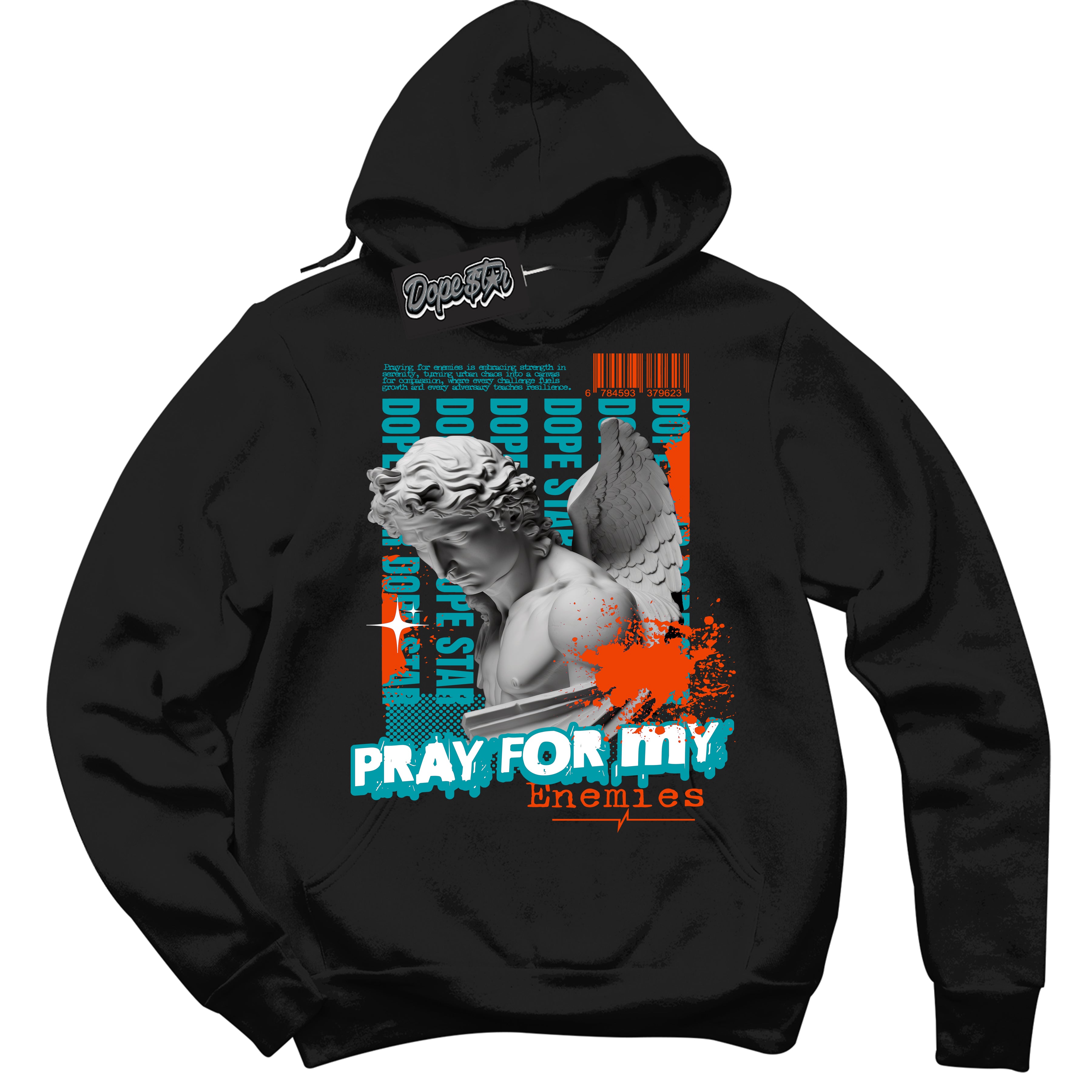 Cool Black Hoodie with “ Pray Enemies ”  design that Perfectly Matches Miami Dolphins Sneakers.