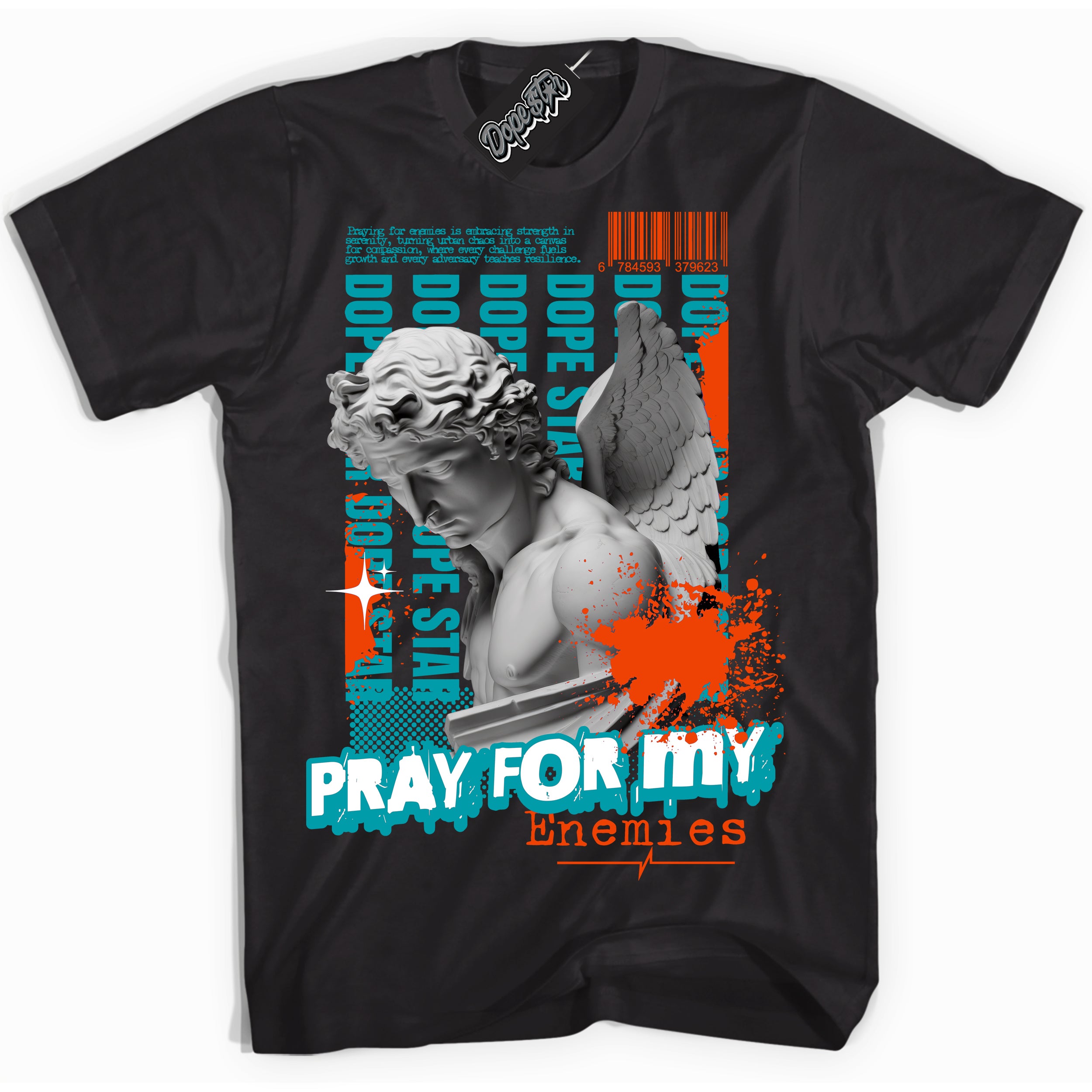 Cool Black Shirt with “ Pray Enemies” design that perfectly matches Miami Dolphins Sneakers.c