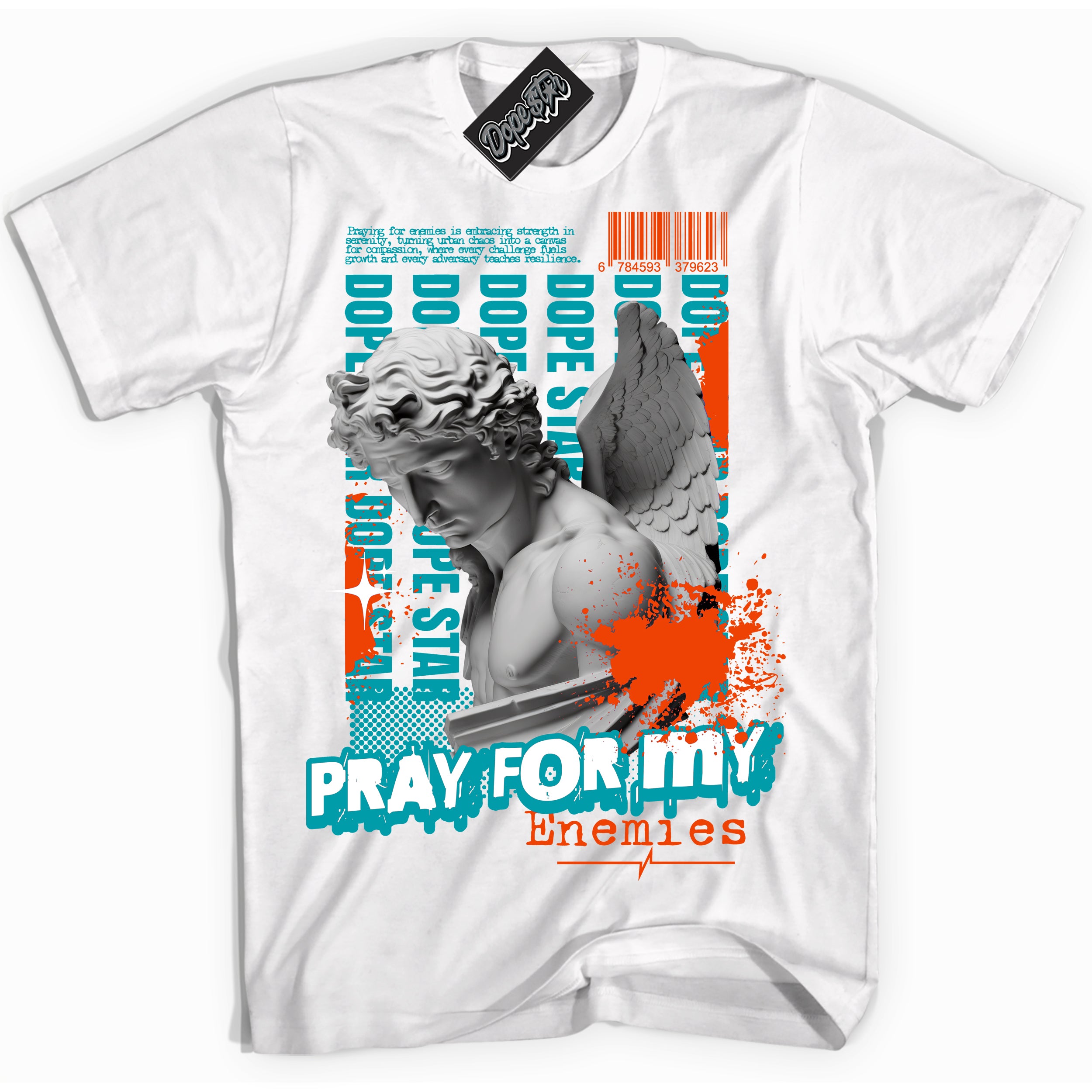 Cool White Shirt with “ Pray Enemies” design that perfectly matches Miami Dolphins Sneakers.