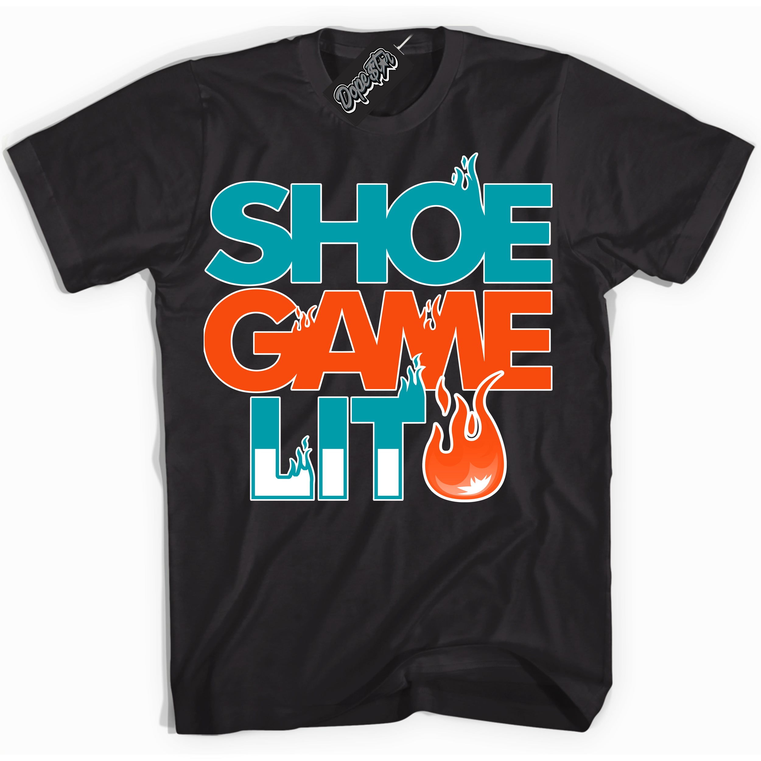 Cool Black Shirt with “ Shoe Game Lit ” design that perfectly matches Miami Dolphins Sneakers.