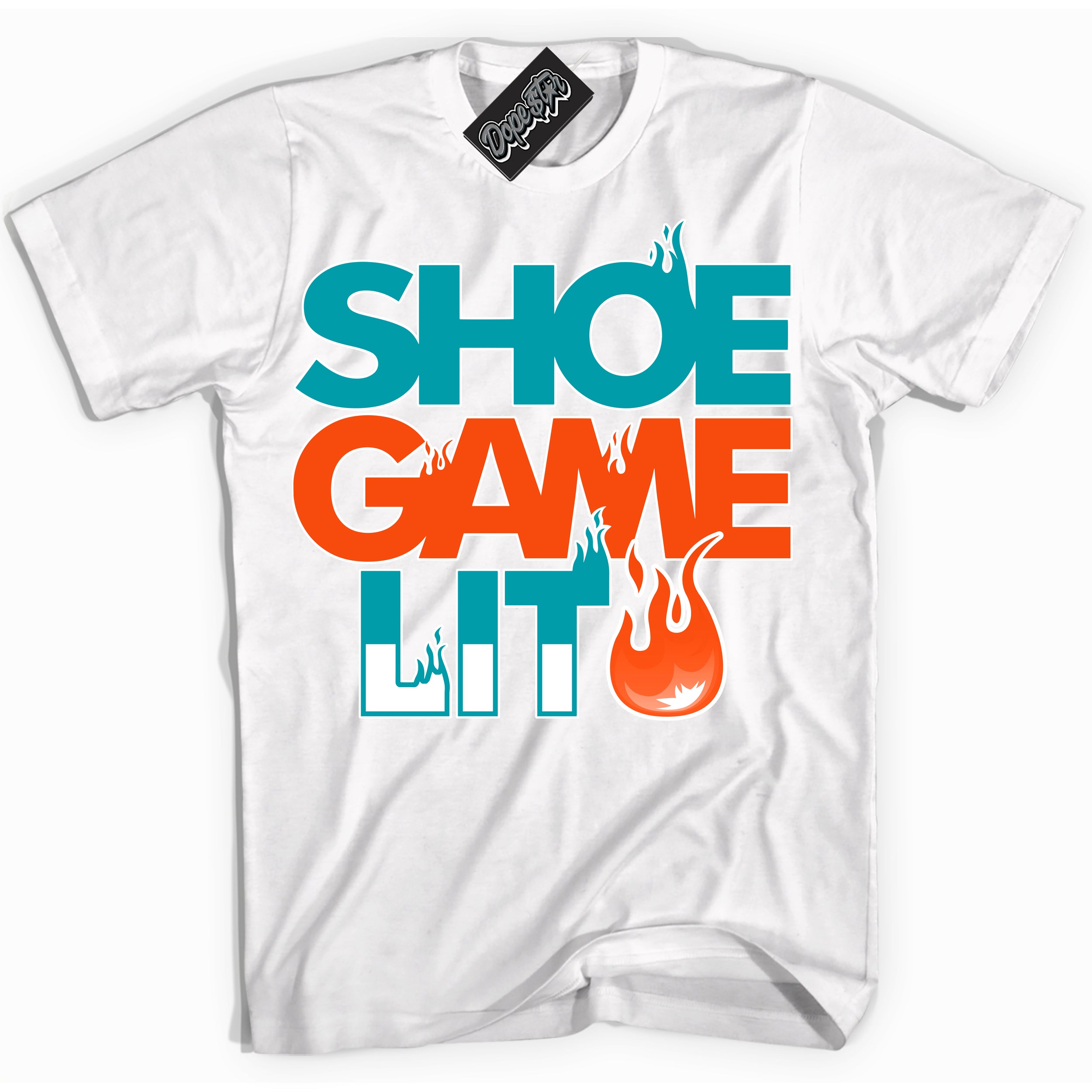 Cool White Shirt with “ Shoe Game Lit ” design that perfectly matches Miami Dolphins Sneakers.