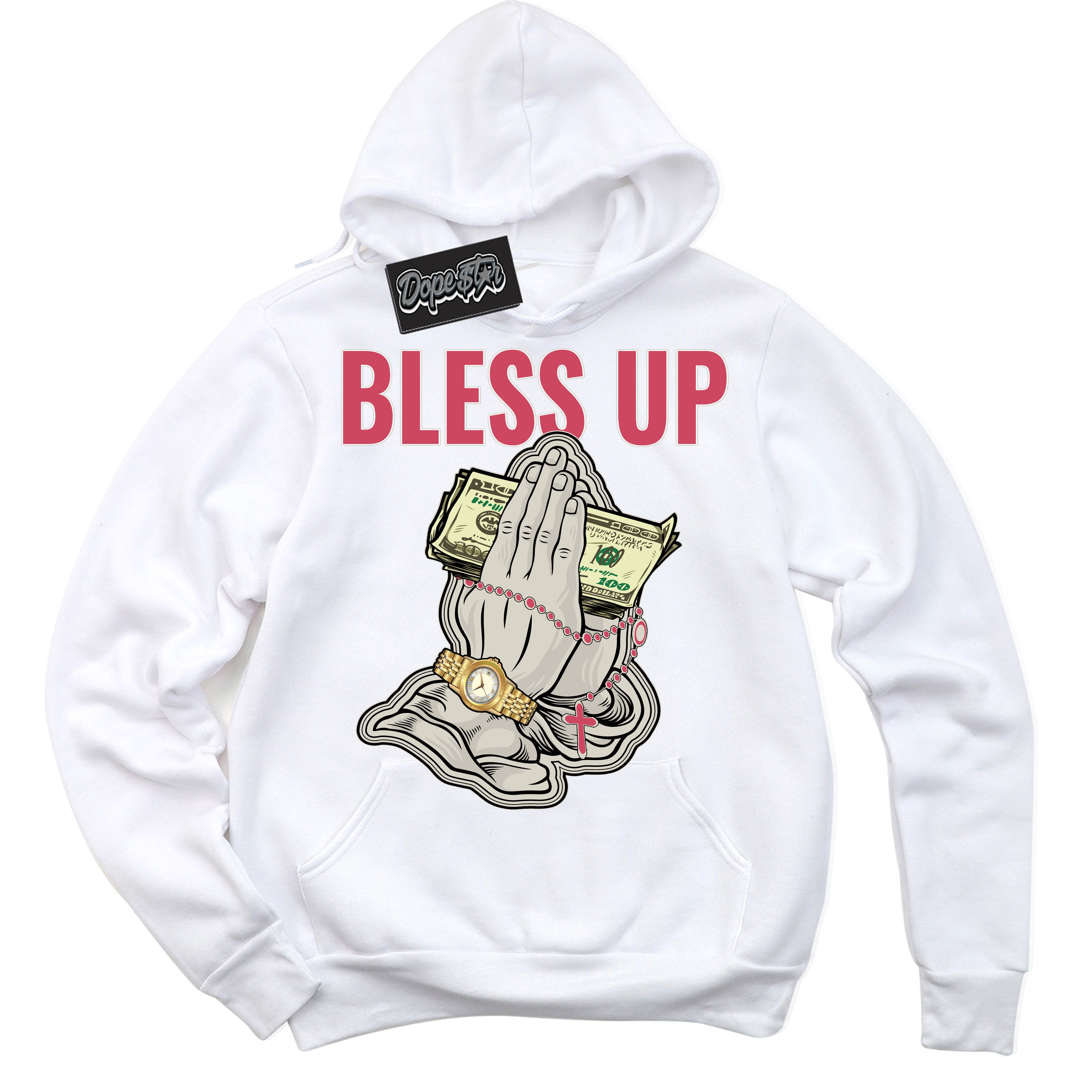 Cool White Hoodie with “Bless Up” design that Perfectly Matches Next Nature Aster Pink Dunk.