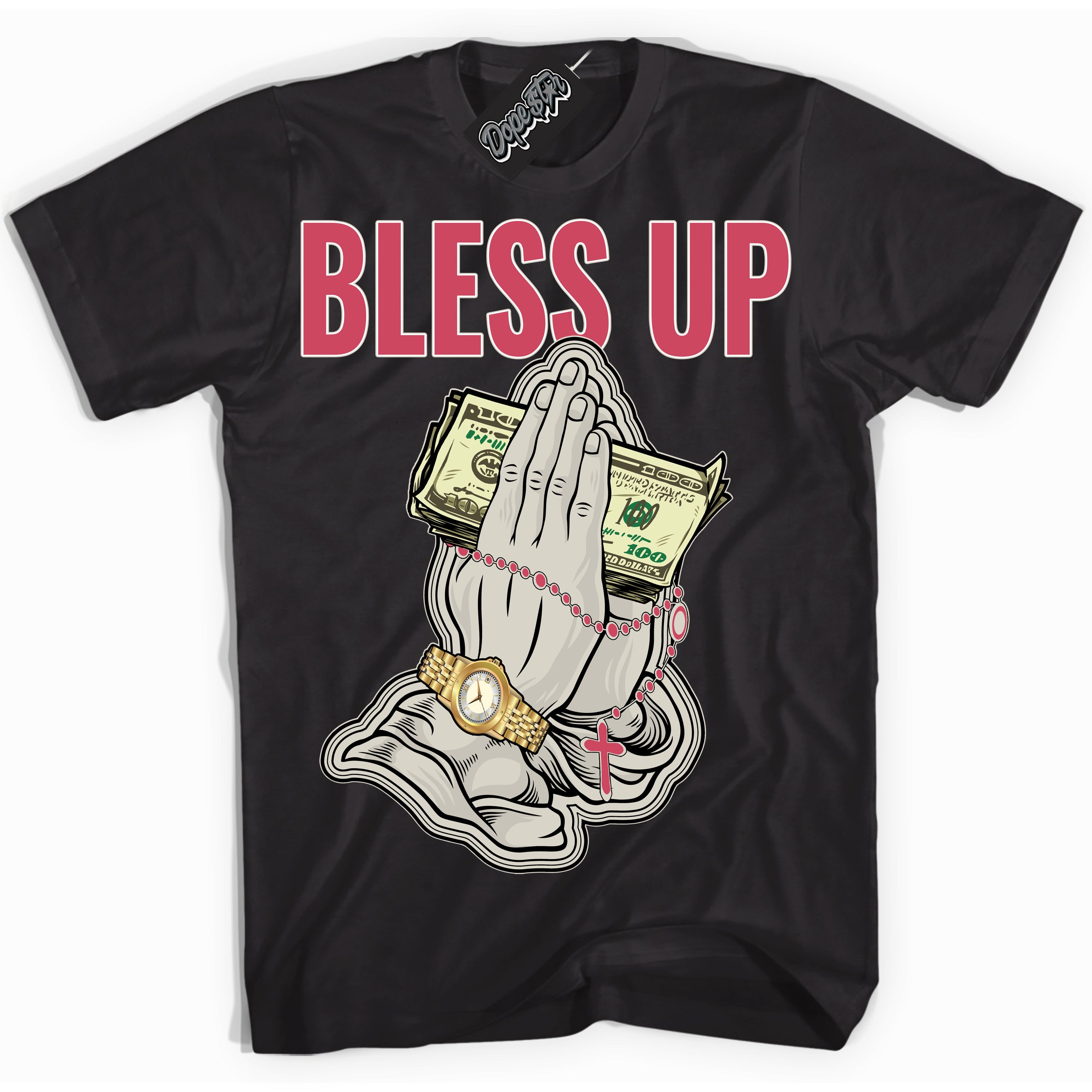 Cool Black Shirt with “Bless Up” design that perfectly matches Next Nature Aster Pink Dunk.