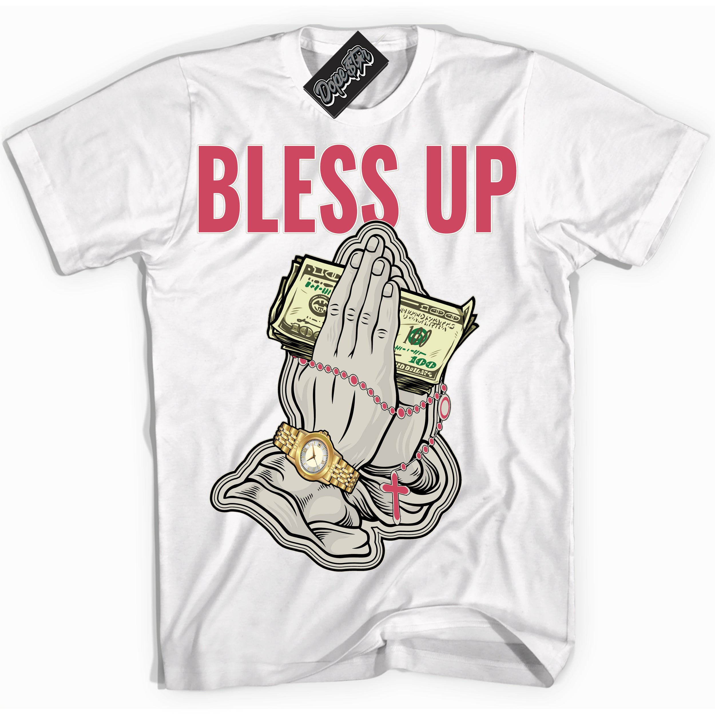 Cool White Shirt with “Bless Up” design that perfectly matches Next Nature Aster Pink Dunk.