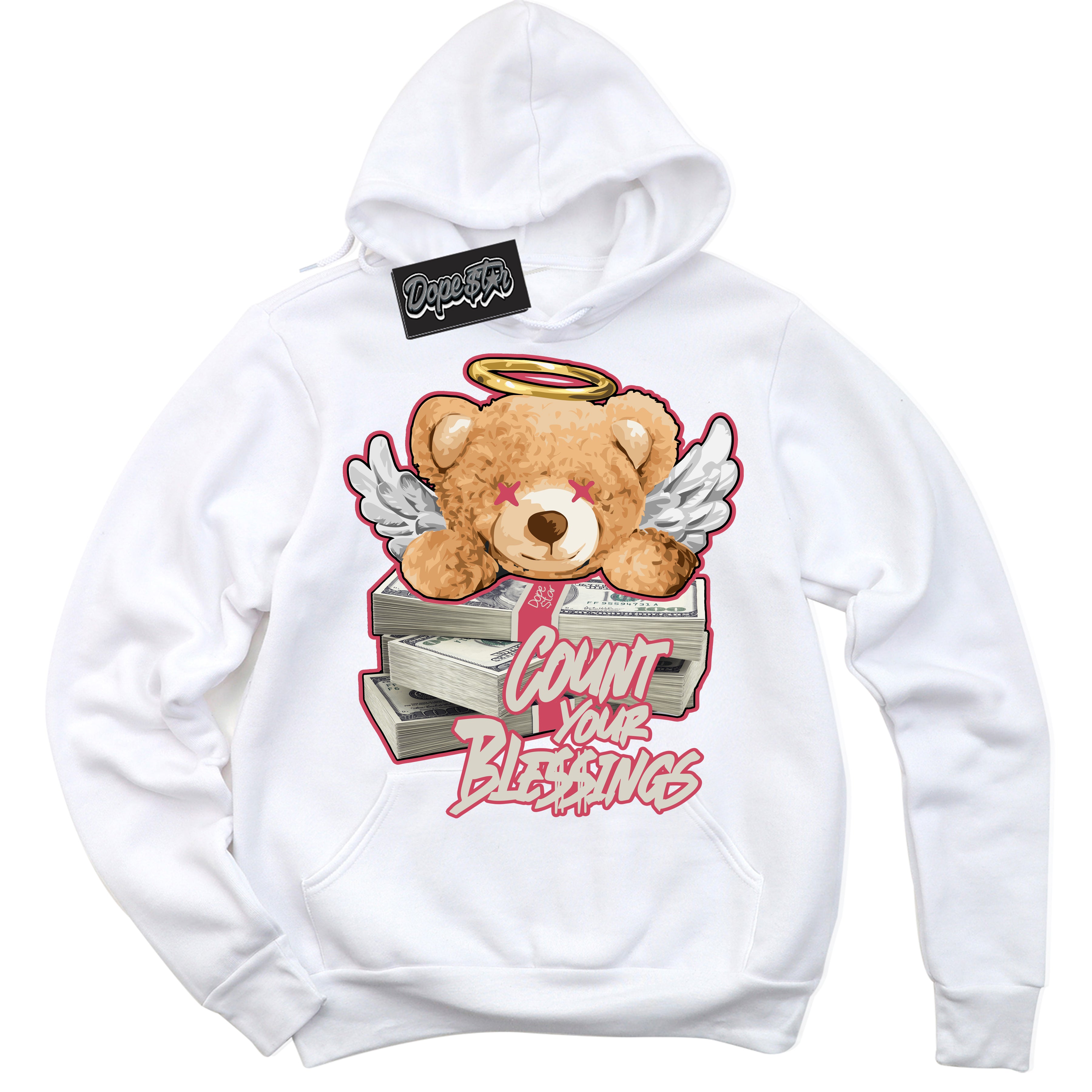 Cool White Hoodie with “Count Your Blessings” design that Perfectly Matches Next Nature Aster Pink Dunk.