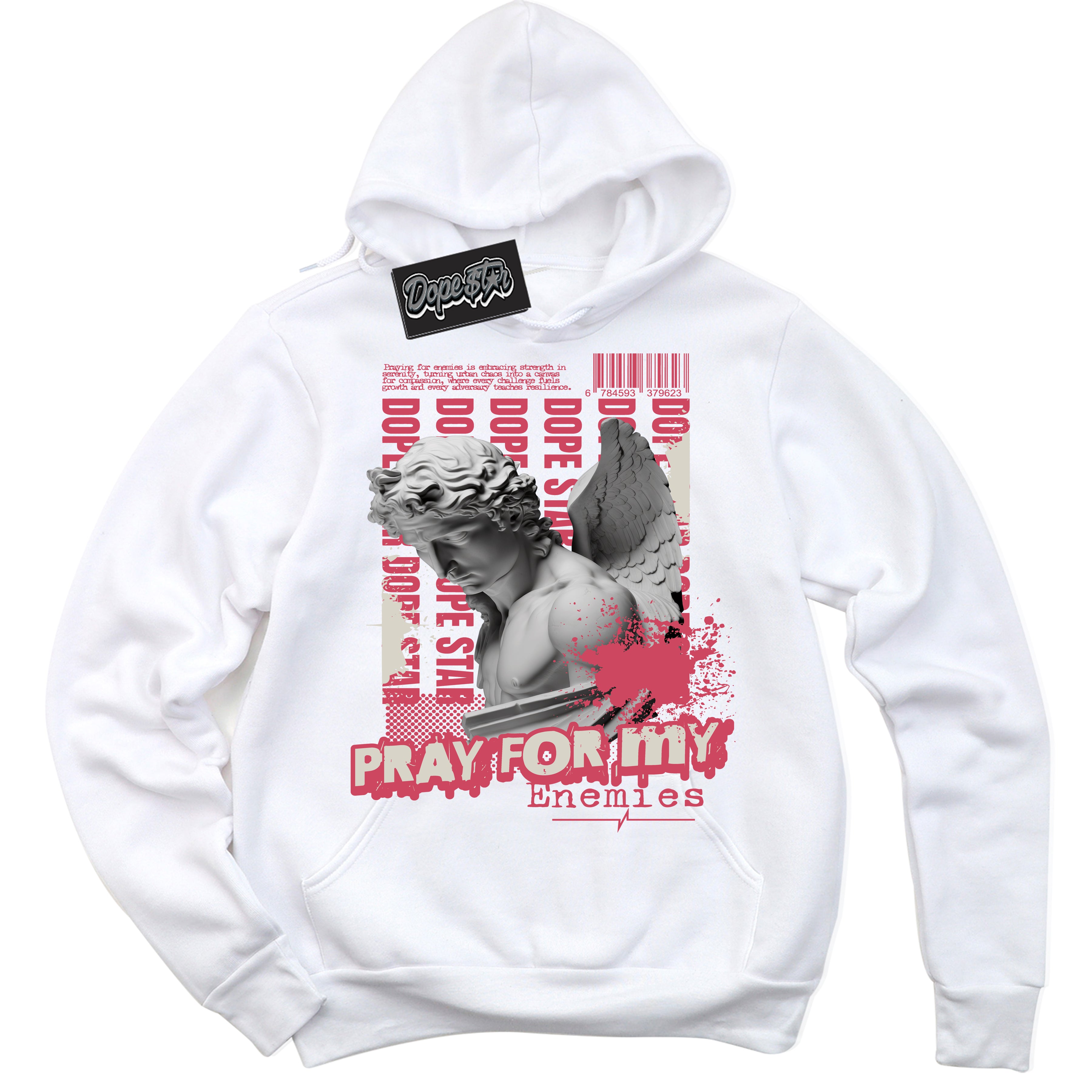 Cool White Hoodie with “Pray Enemies” design that Perfectly Matches Next Nature Aster Pink Dunk.