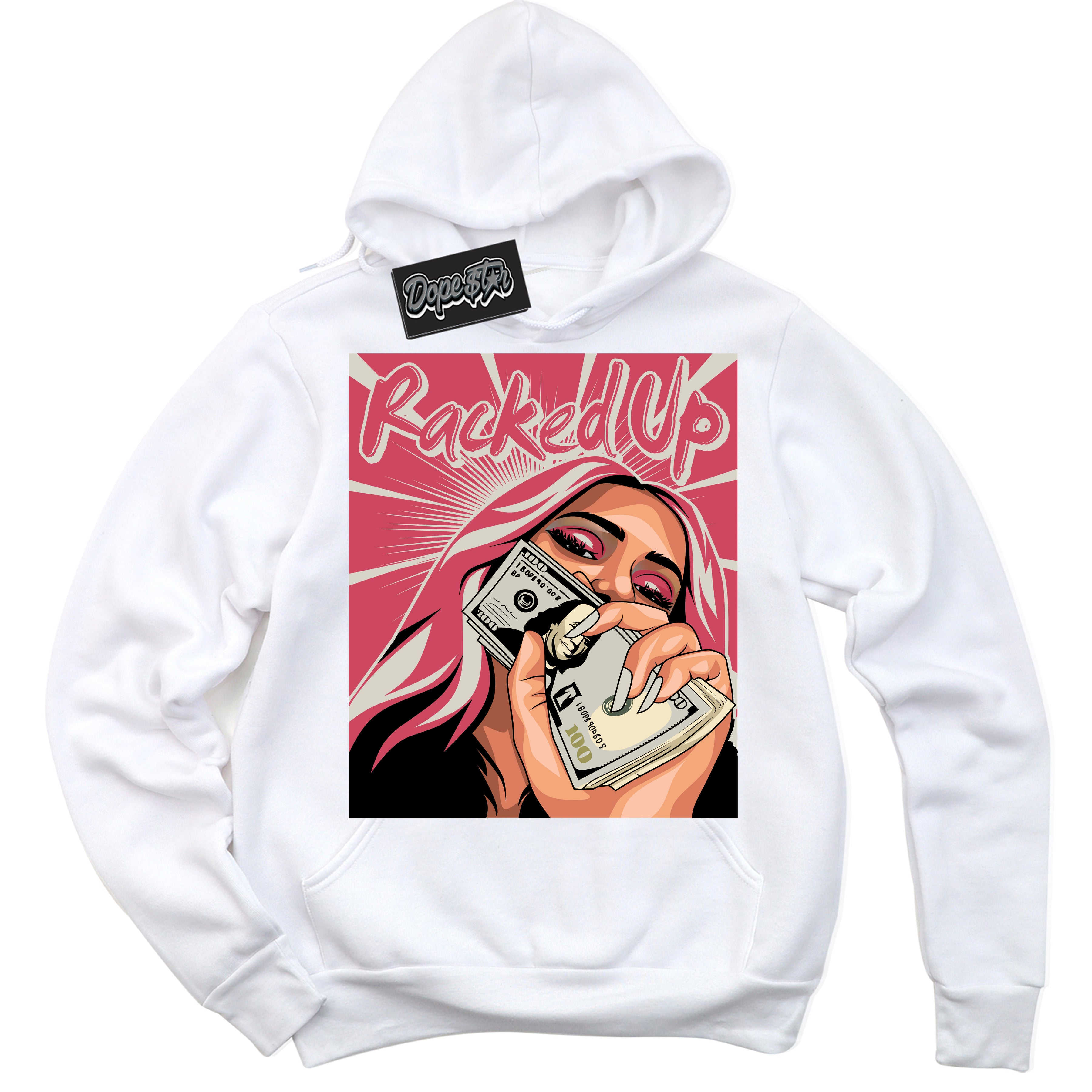 Cool White Hoodie with “Racked Up” design that Perfectly Matches Next Nature Aster Pink Dunk.