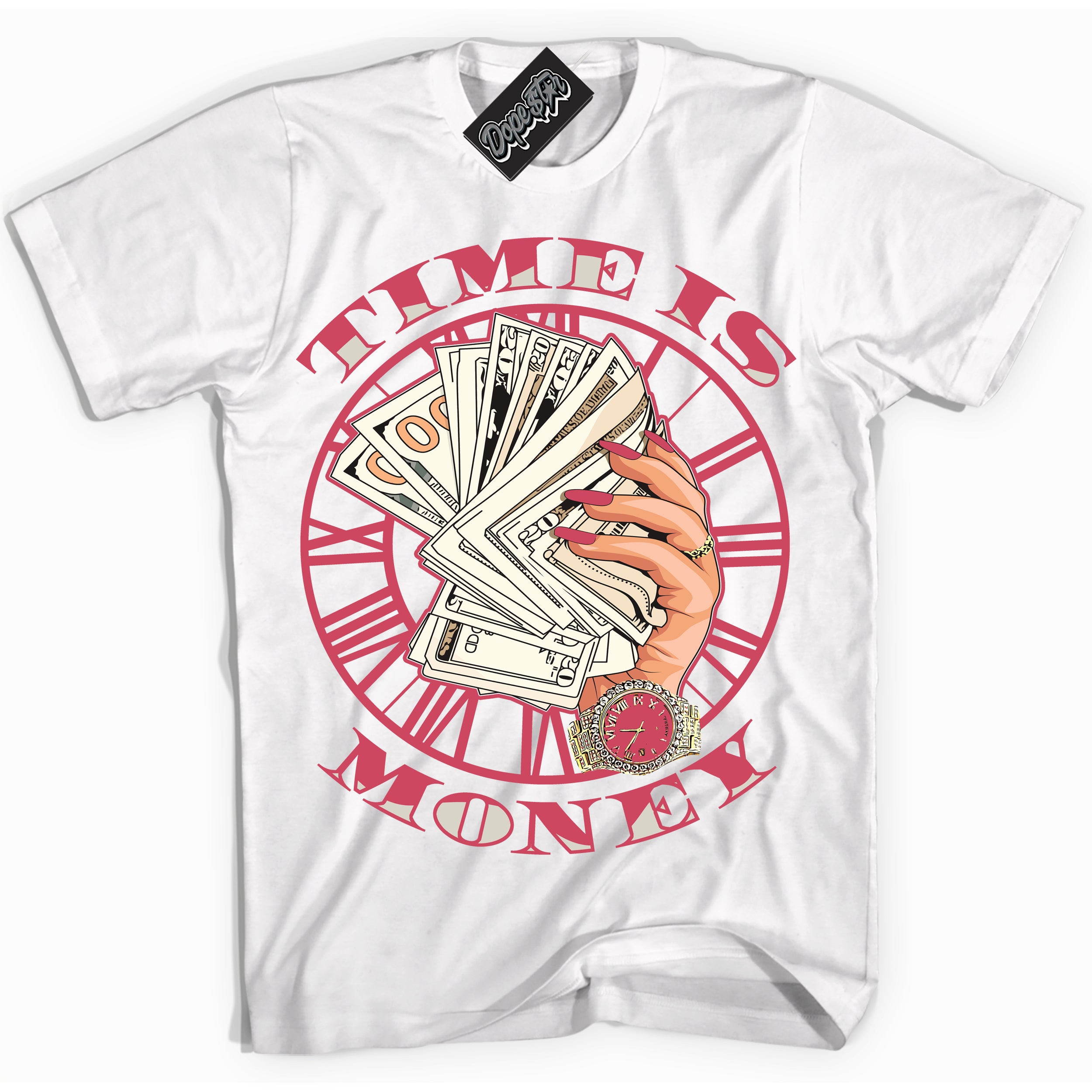 Cool White Shirt with “Time Is Money” design that perfectly matches Next Nature Aster Pink Dunk.