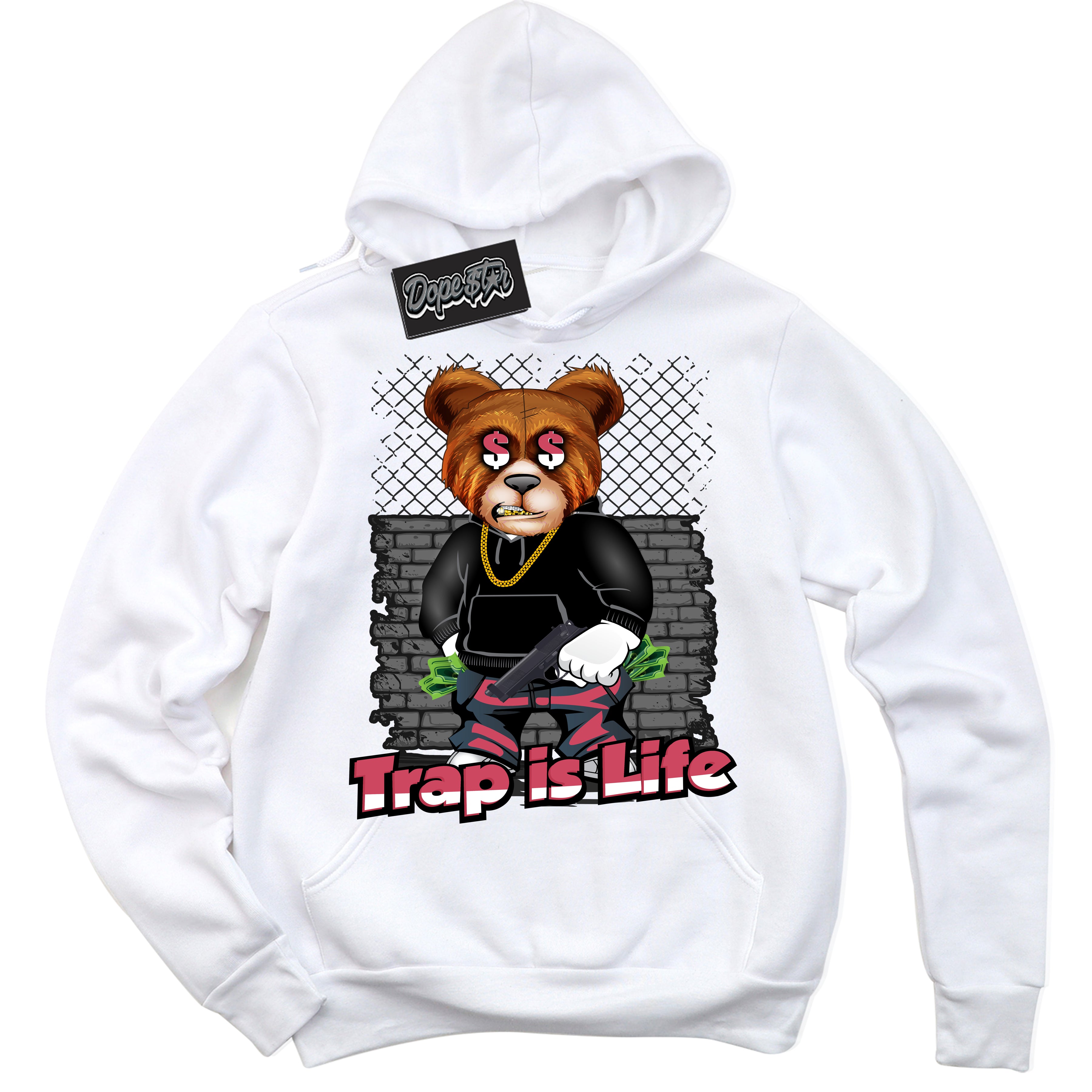 Cool White Hoodie with “Trap Is Life” design that Perfectly Matches Next Nature Aster Pink Dunk.