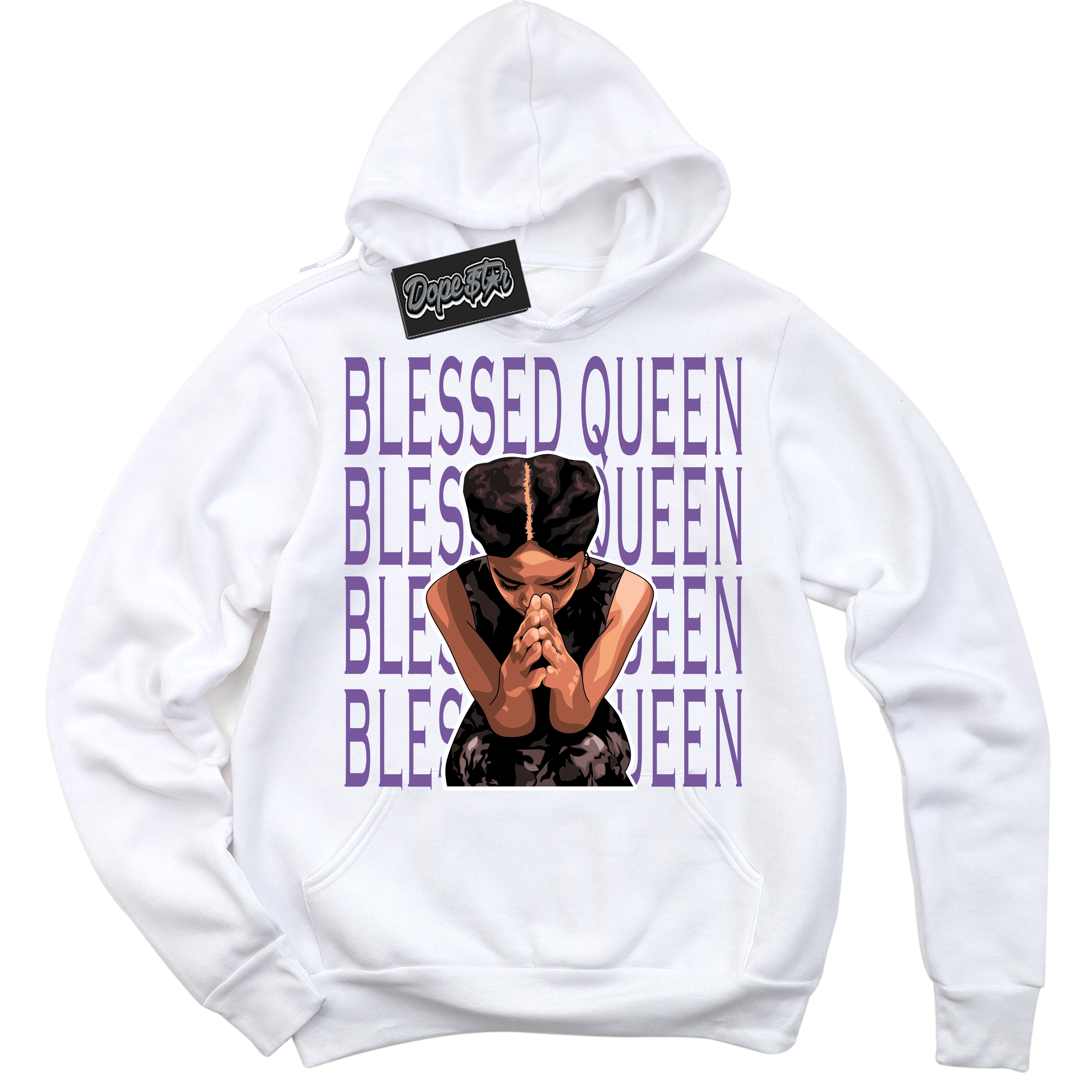 Cool White Hoodie with “Blessed Queen” design that Perfectly Matches Next Nature Black Raspberry.