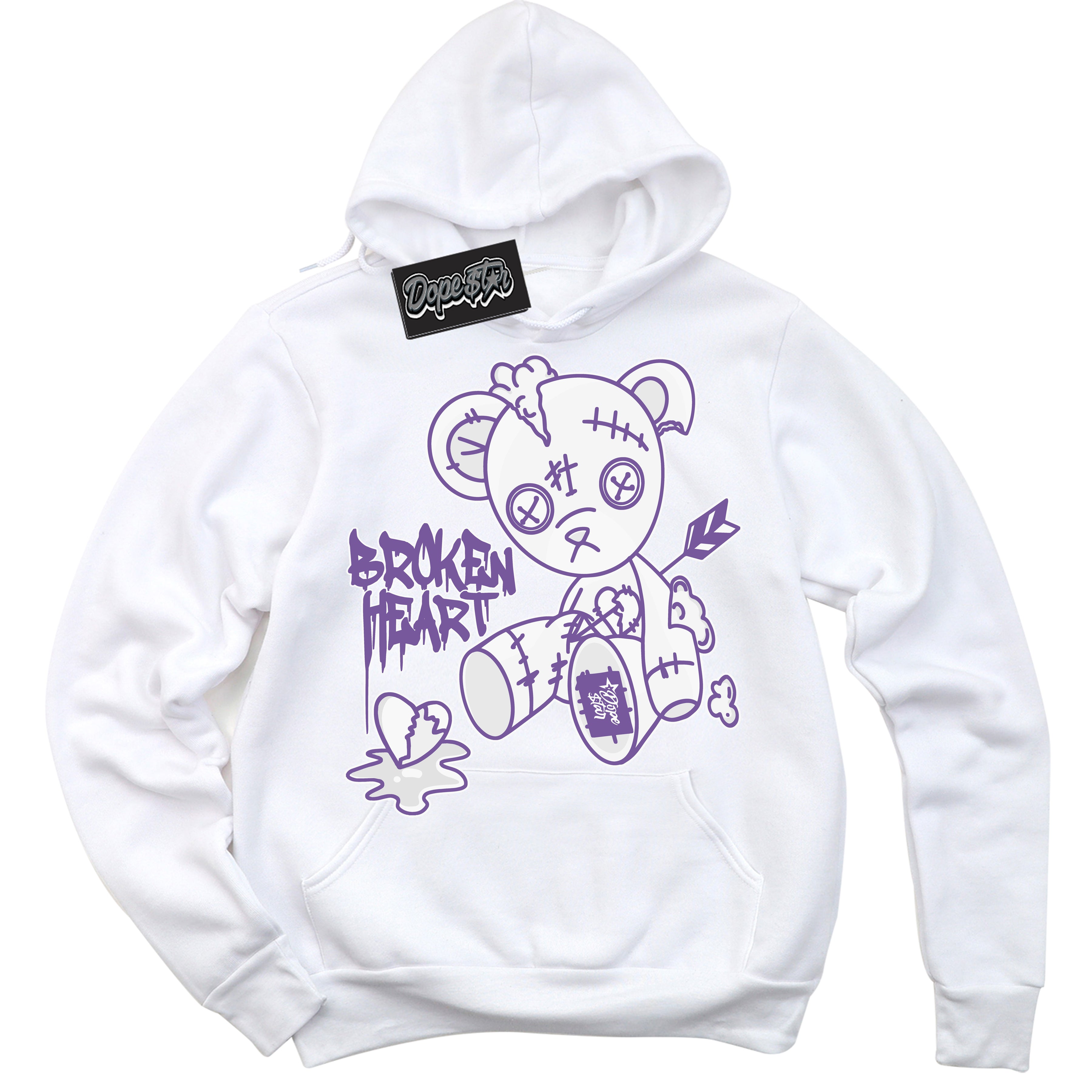 Cool White Hoodie with “Broken Heart Bear” design that Perfectly Matches Next Nature Black Raspberry.