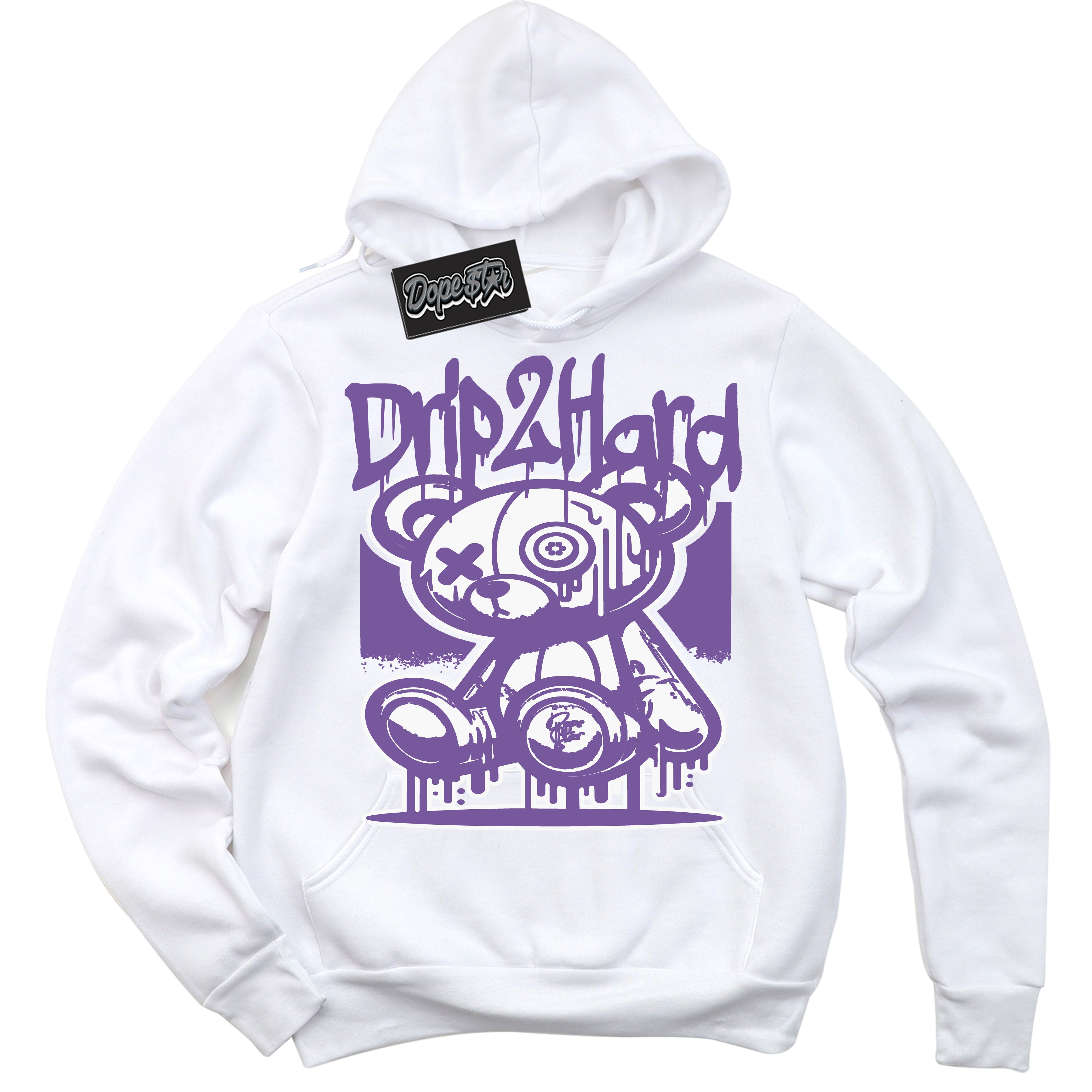 Cool White Hoodie with “Drip 2 Hard” design that Perfectly Matches Next Nature Black Raspberry.