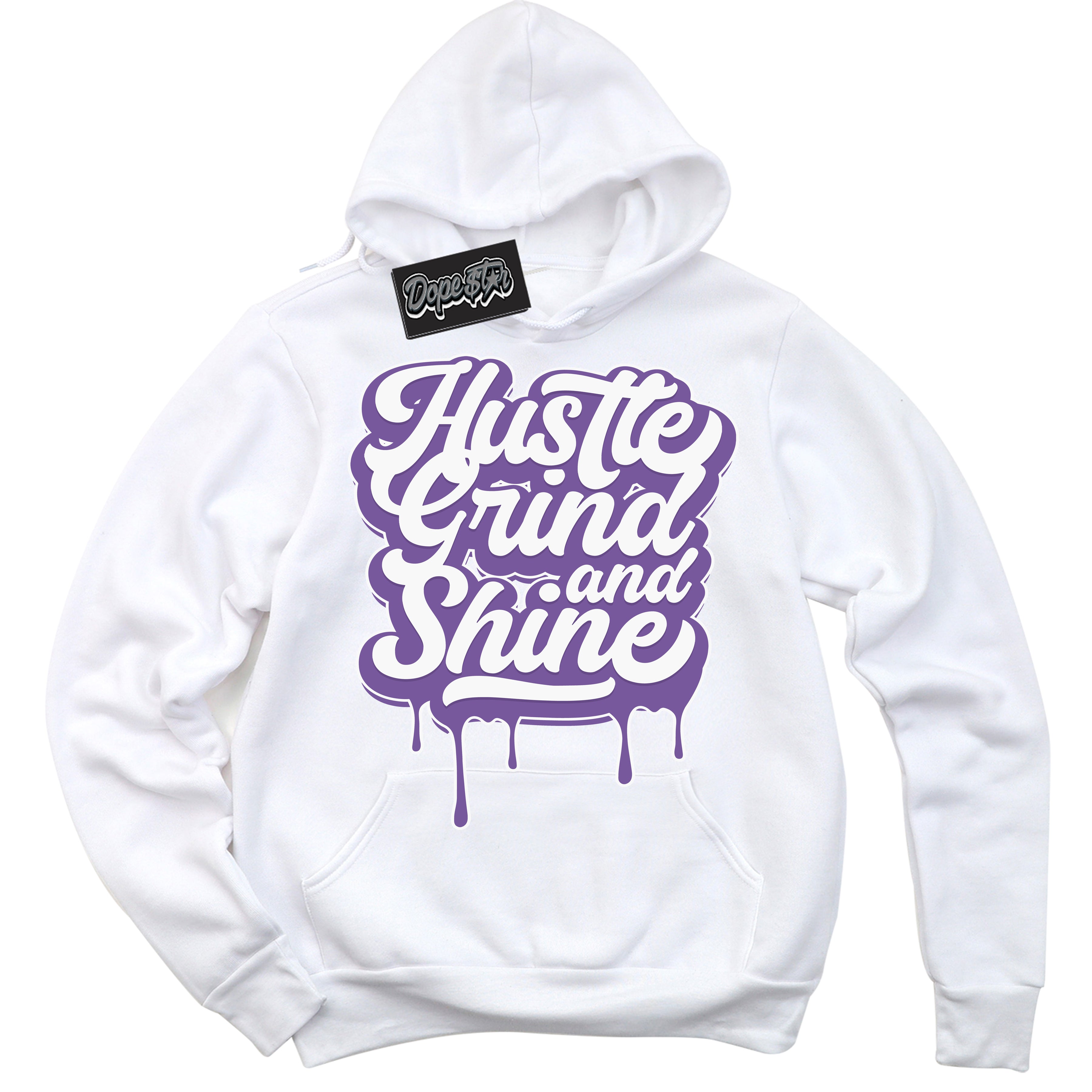 Cool White Hoodie with “Hustle Grind And Shine” design that Perfectly Matches Next Nature Black Raspberry.