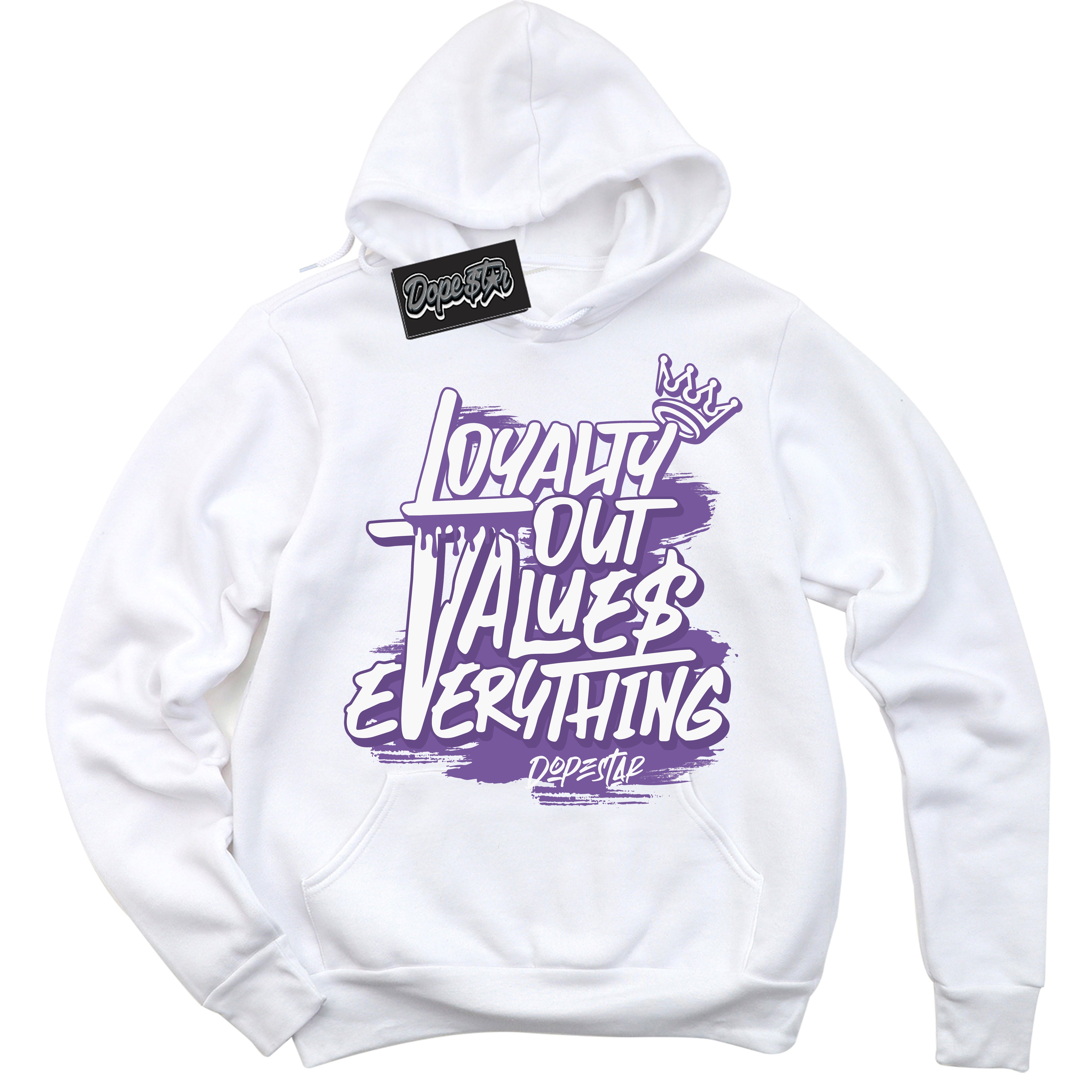 Cool White Hoodie with “Loyalty Out Values Everything” design that Perfectly Matches Next Nature Black Raspberry.