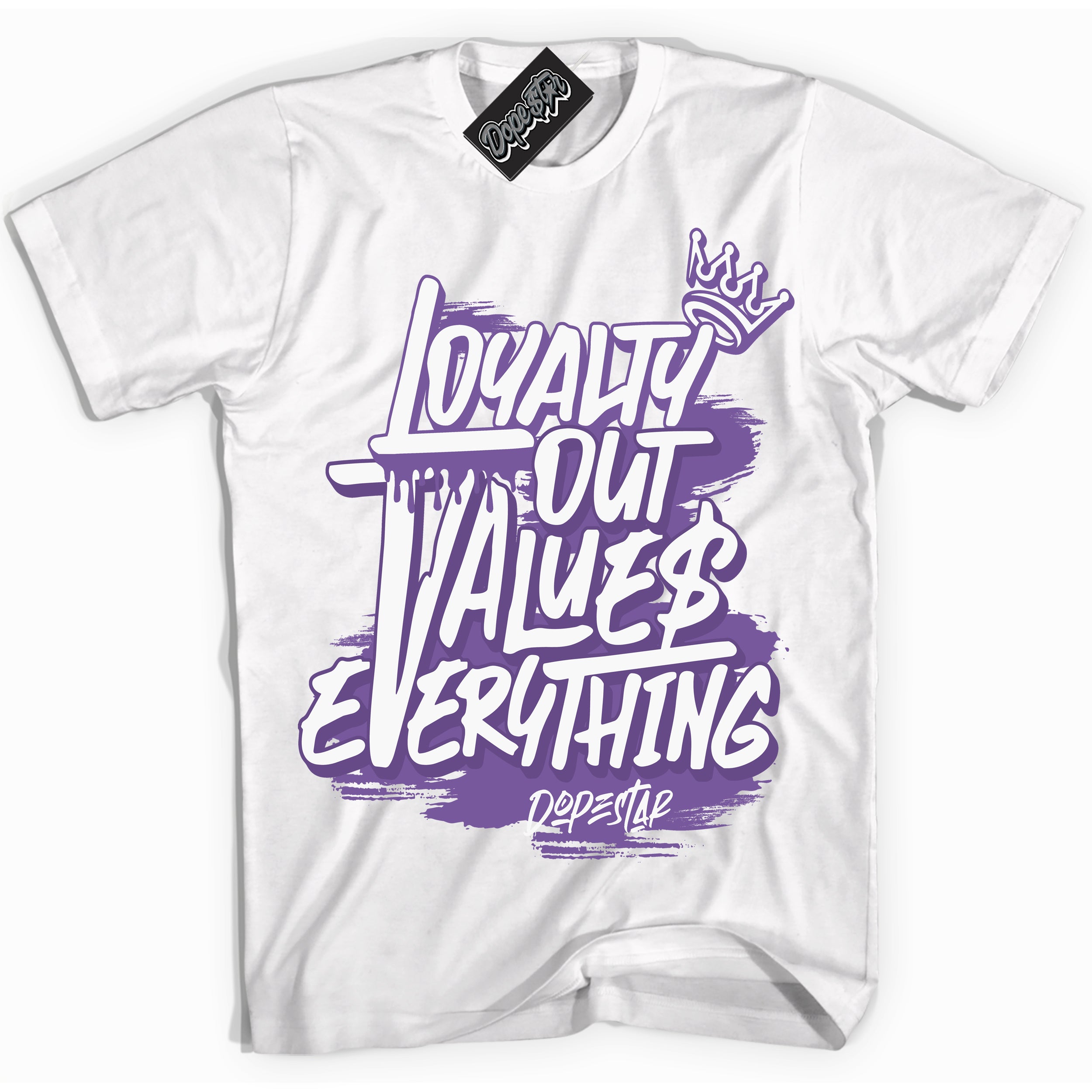 Cool White Shirt with “Loyalty Out Values Everything” design that perfectly matches Next Nature Black Raspberry.