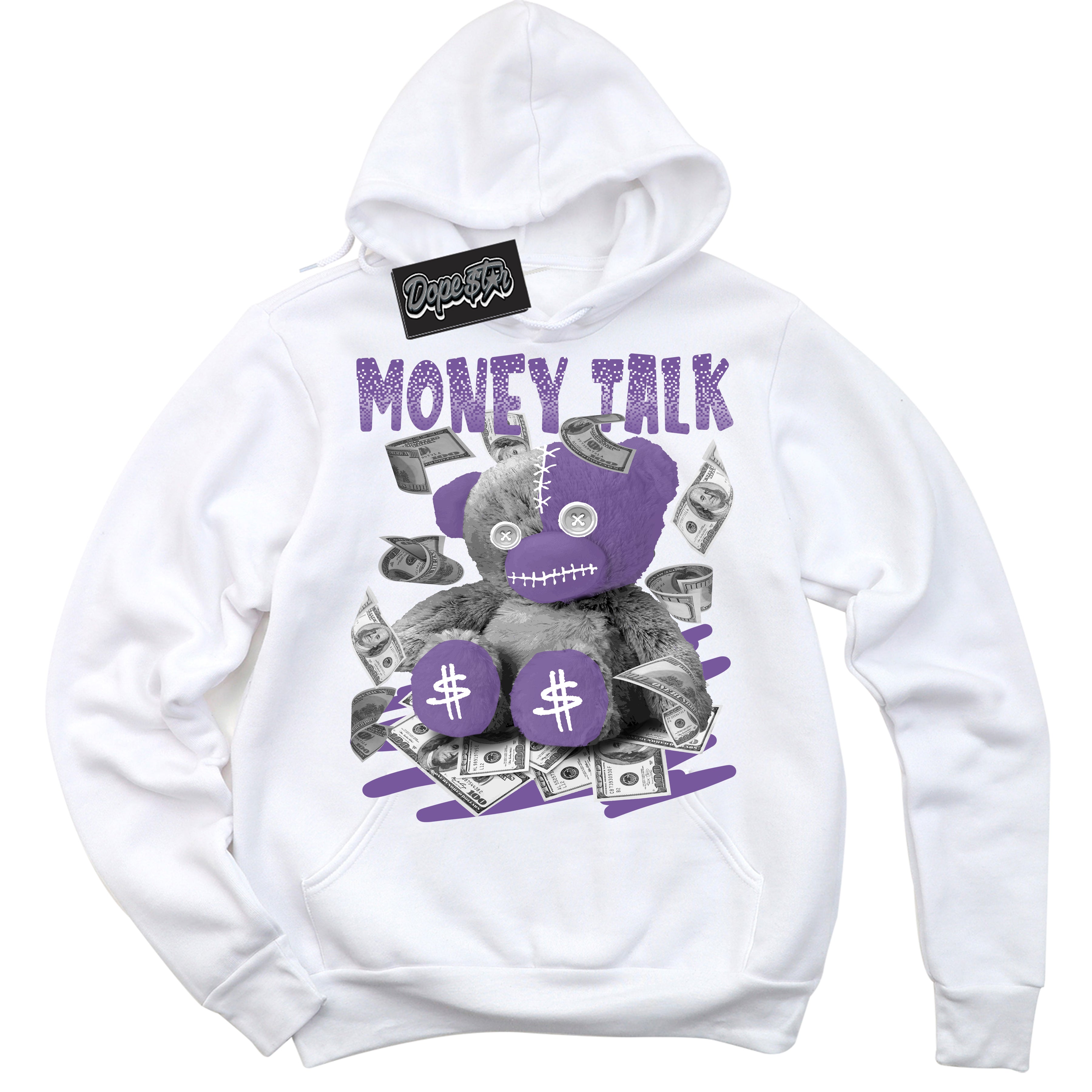 Cool White Hoodie with “Money Talk Bear” design that Perfectly Matches Next Nature Black Raspberry.