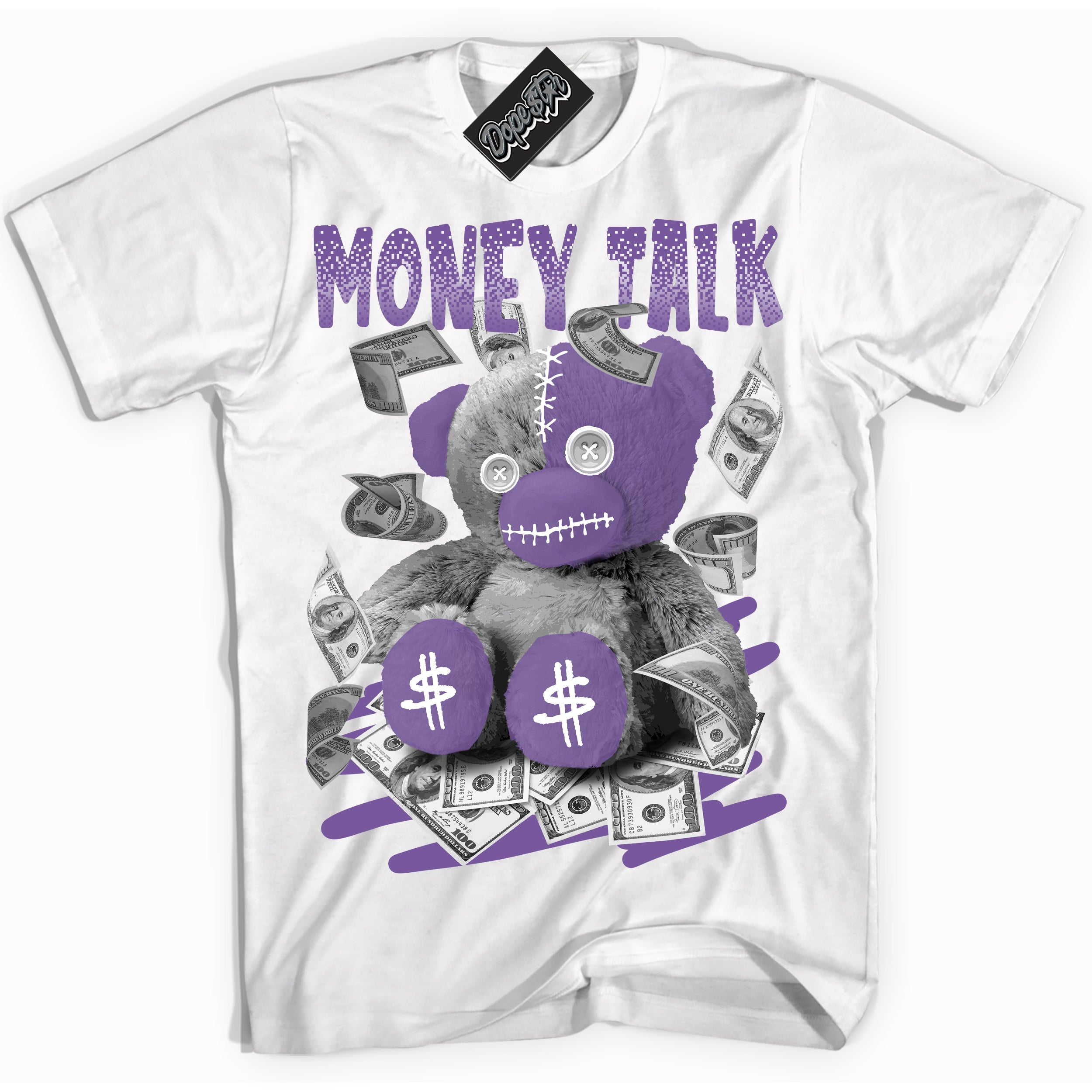 Cool White Shirt with “Money Talk Bear” design that perfectly matches Next Nature Black Raspberry.