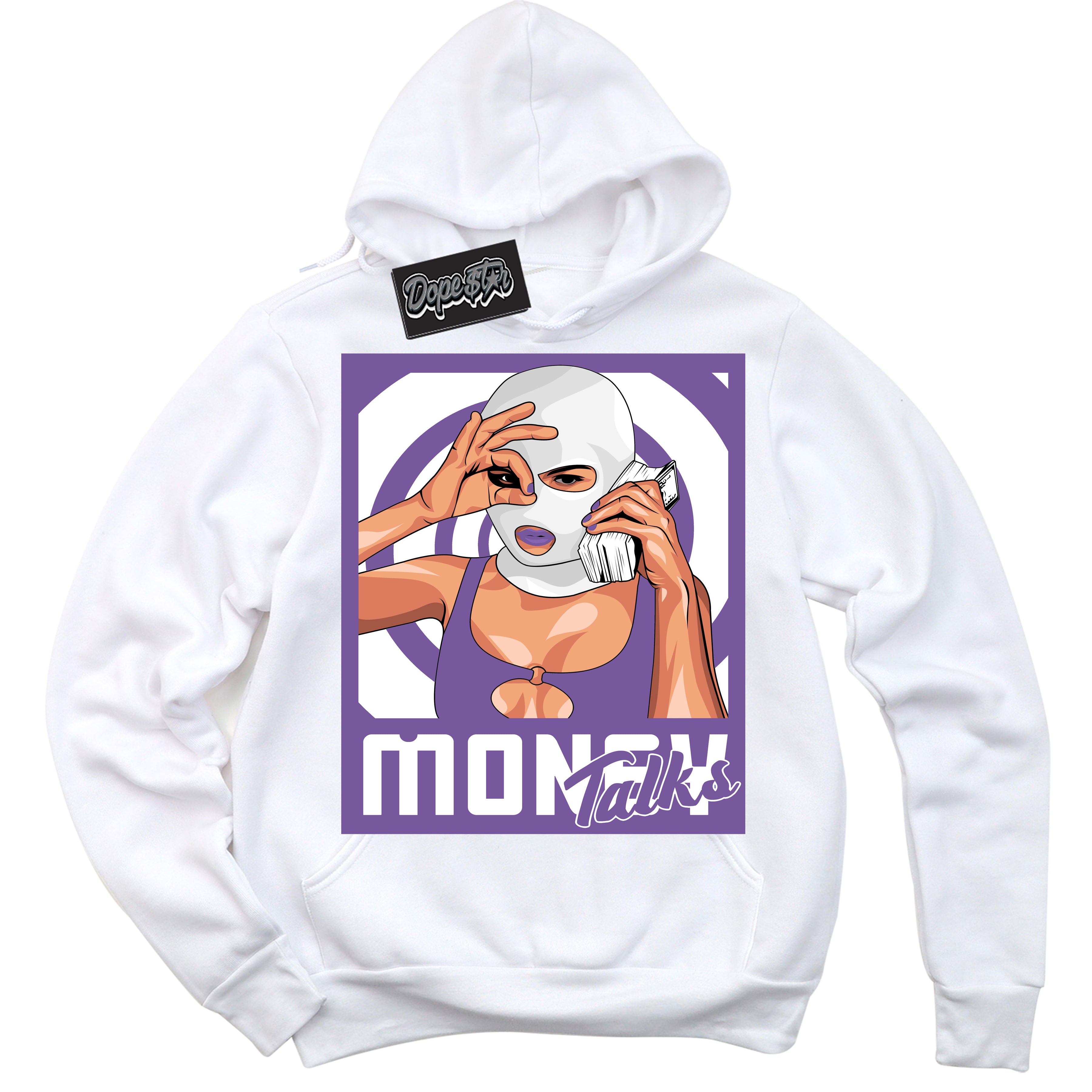 Cool White Hoodie with “Money Talks” design that Perfectly Matches Next Nature Black Raspberry.