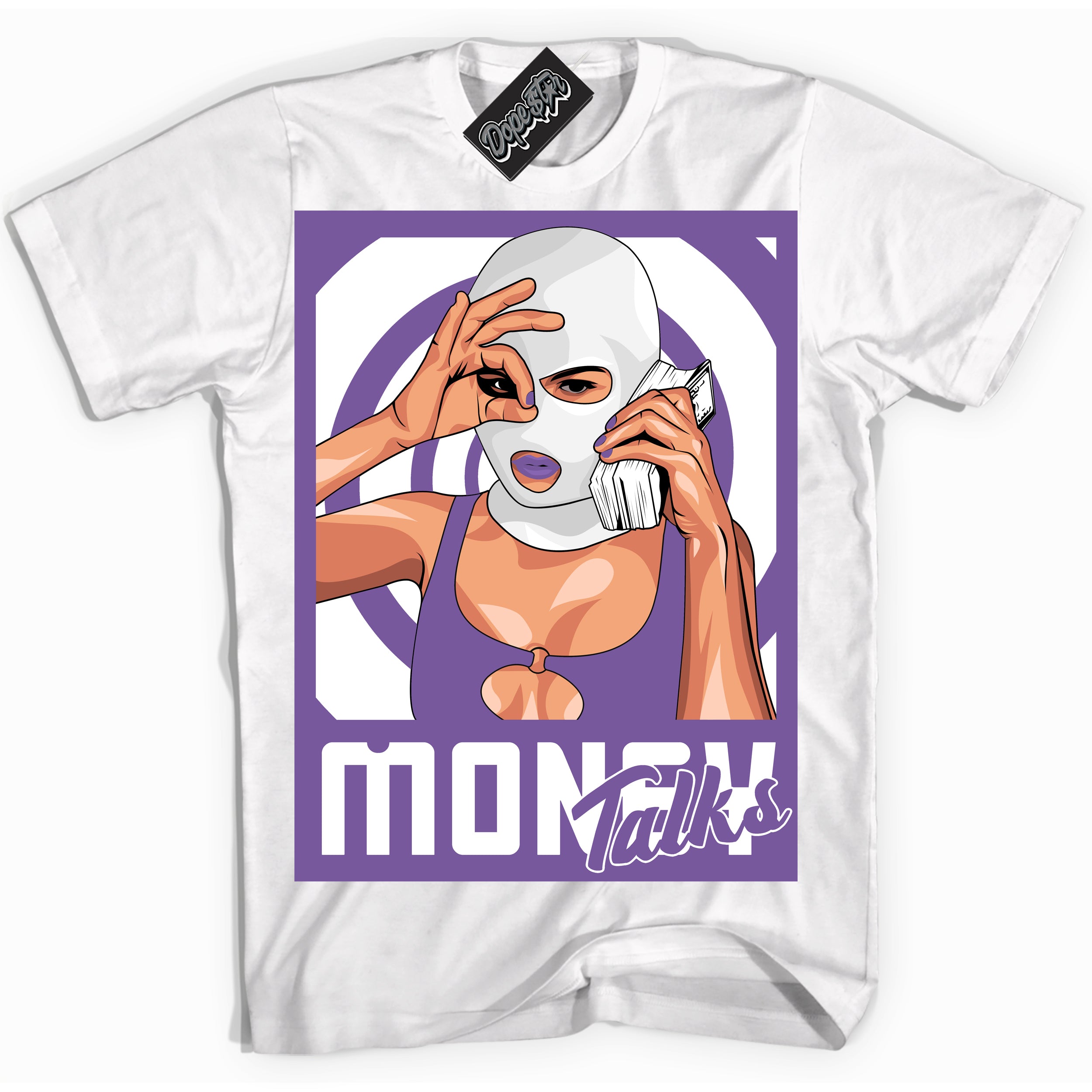 Cool White Shirt with “Money Talks” design that perfectly matches Next Nature Black Raspberry.