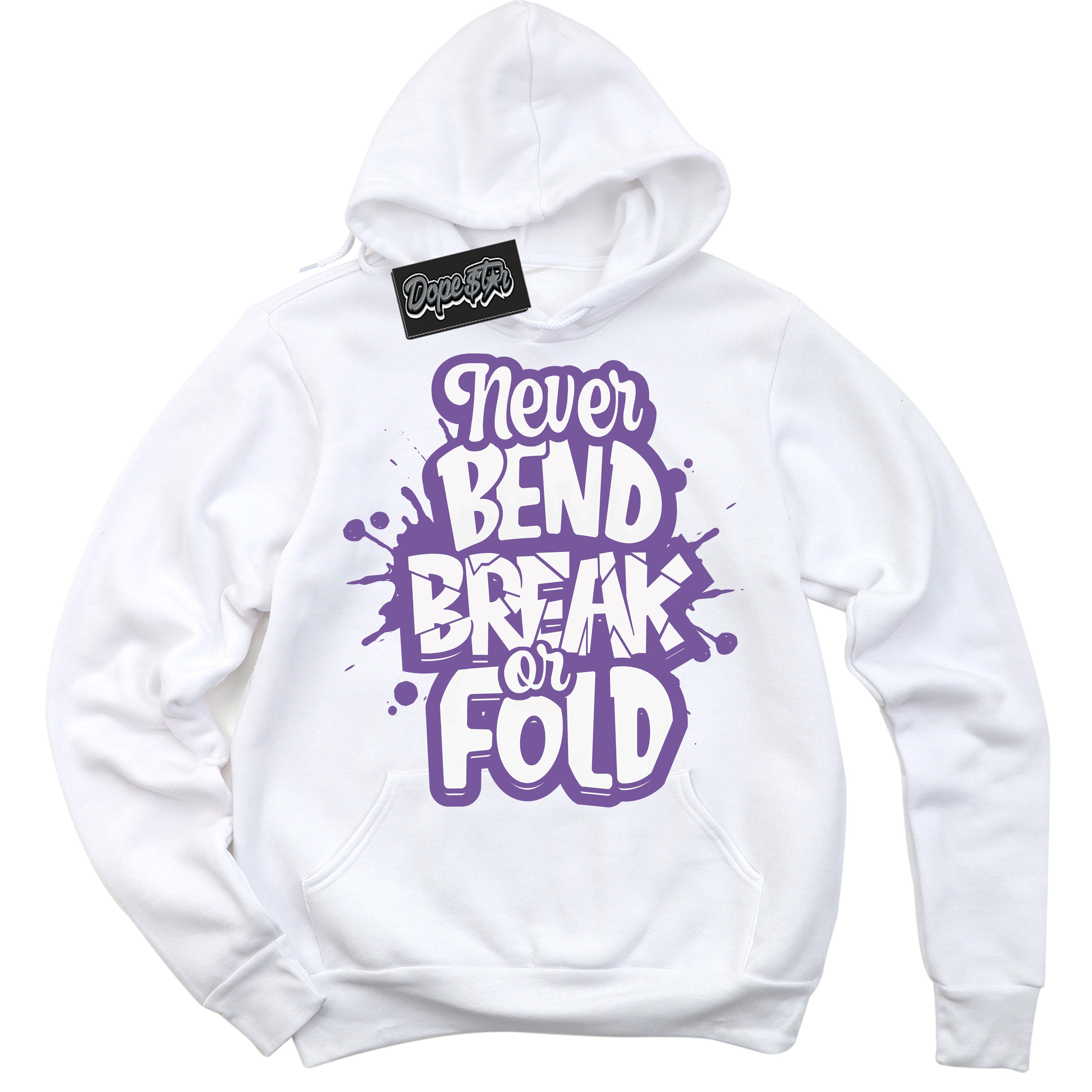 Cool White Hoodie with “Never Bend Break Or Fold” design that Perfectly Matches Next Nature Black Raspberry.