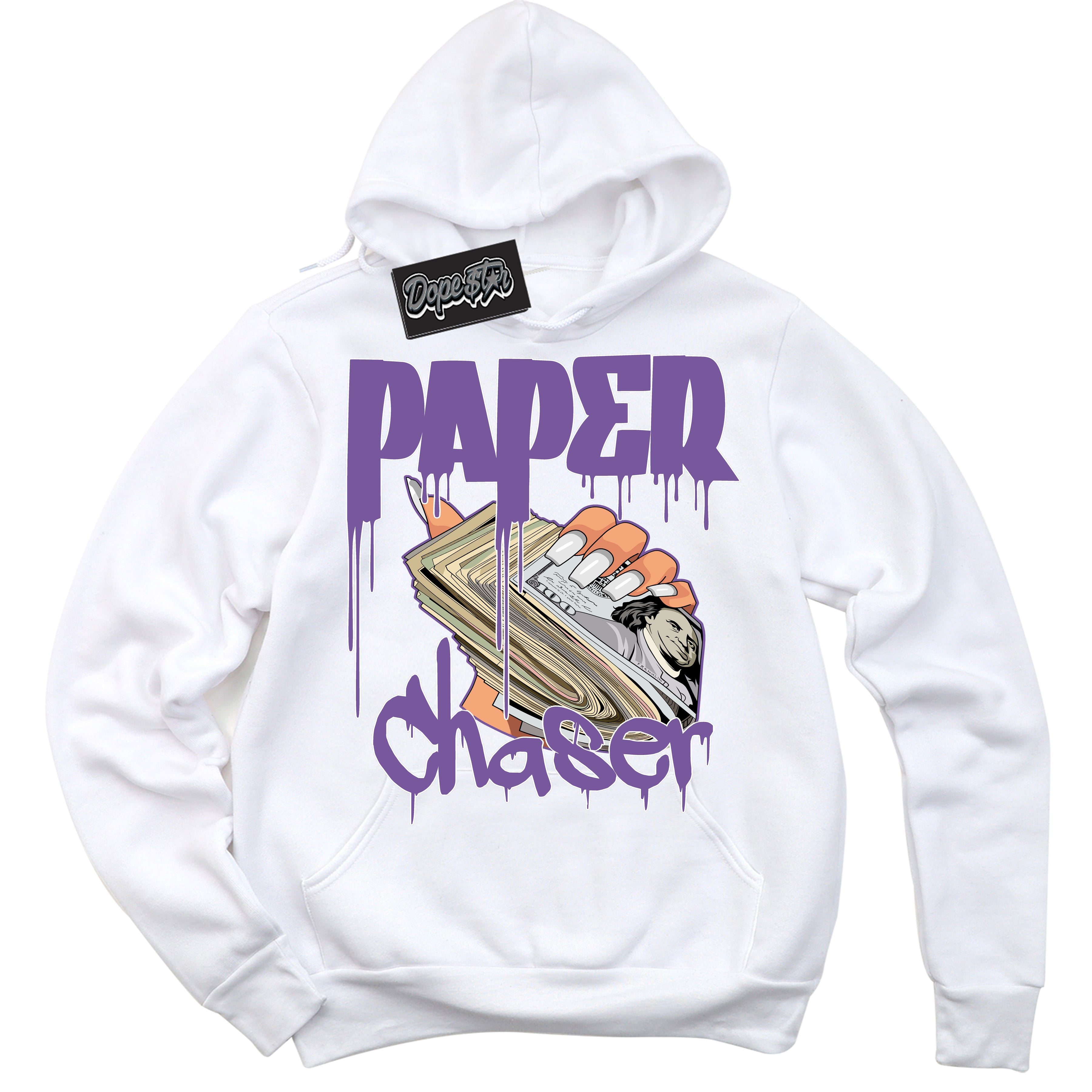 Cool White Hoodie with “Paper Chaser” design that Perfectly Matches Next Nature Black Raspberry.