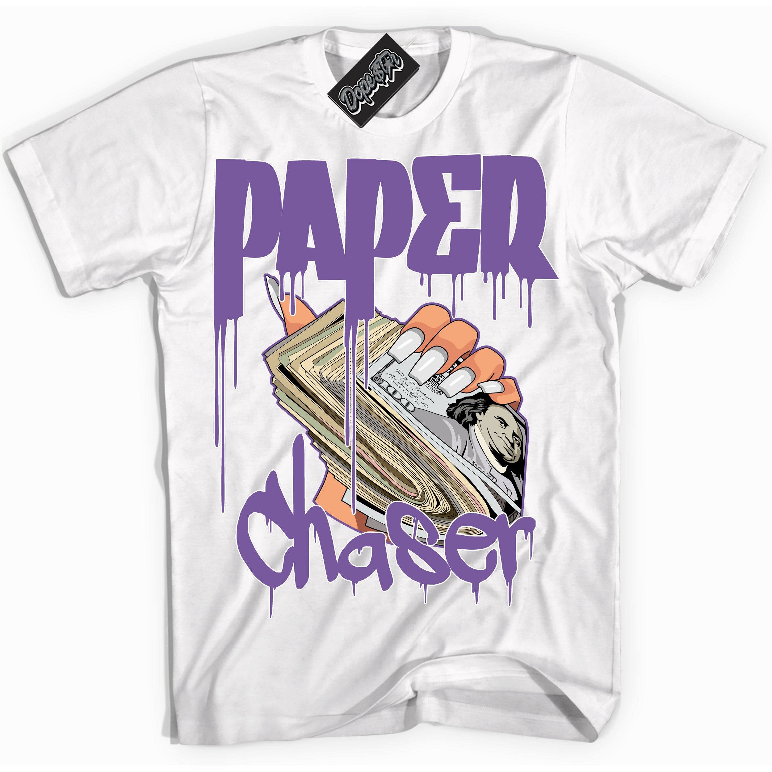 Cool White Shirt with “Paper Chaser” design that perfectly matches Next Nature Black Raspberry.