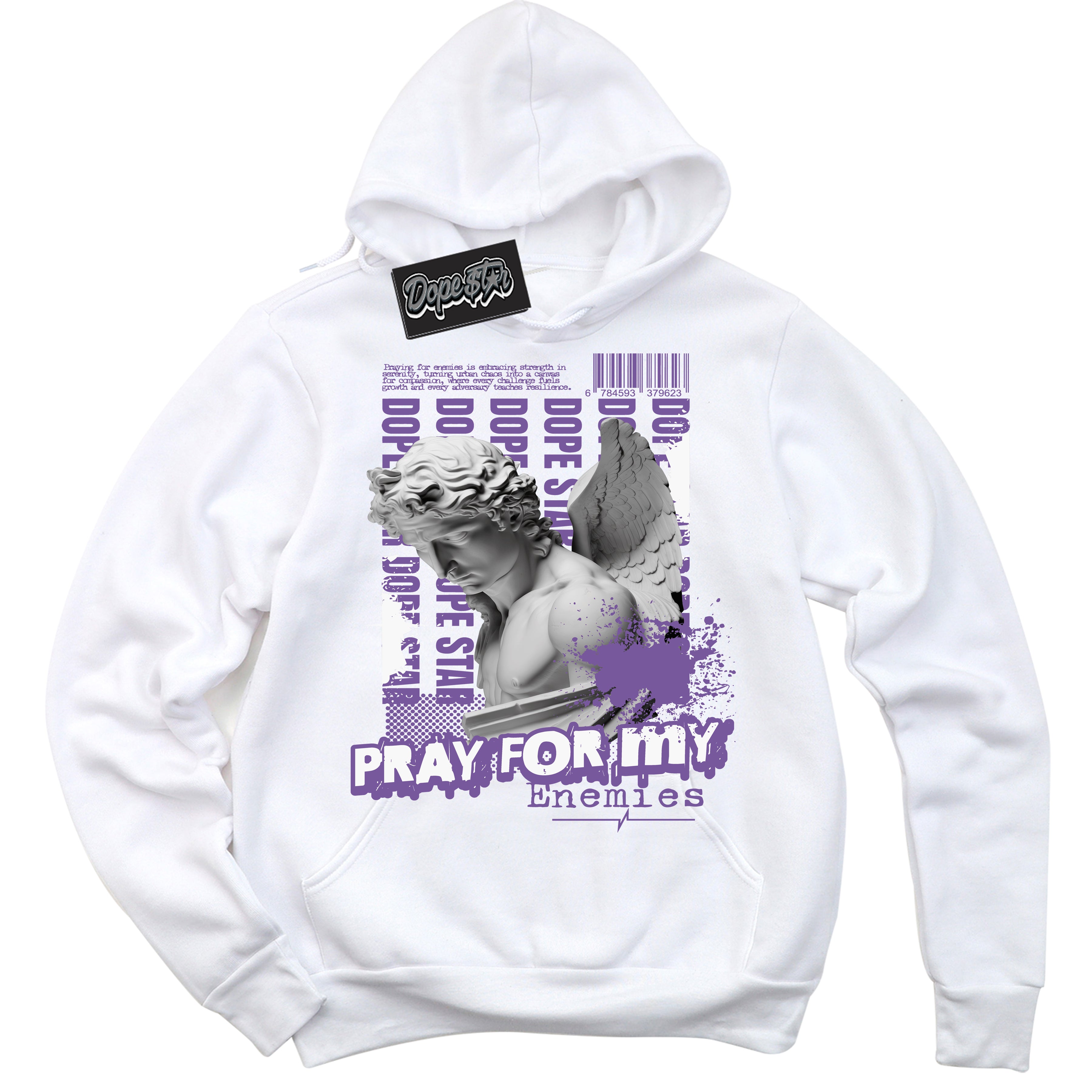 Cool White Hoodie with “Pray Enemies” design that Perfectly Matches Next Nature Black Raspberry.