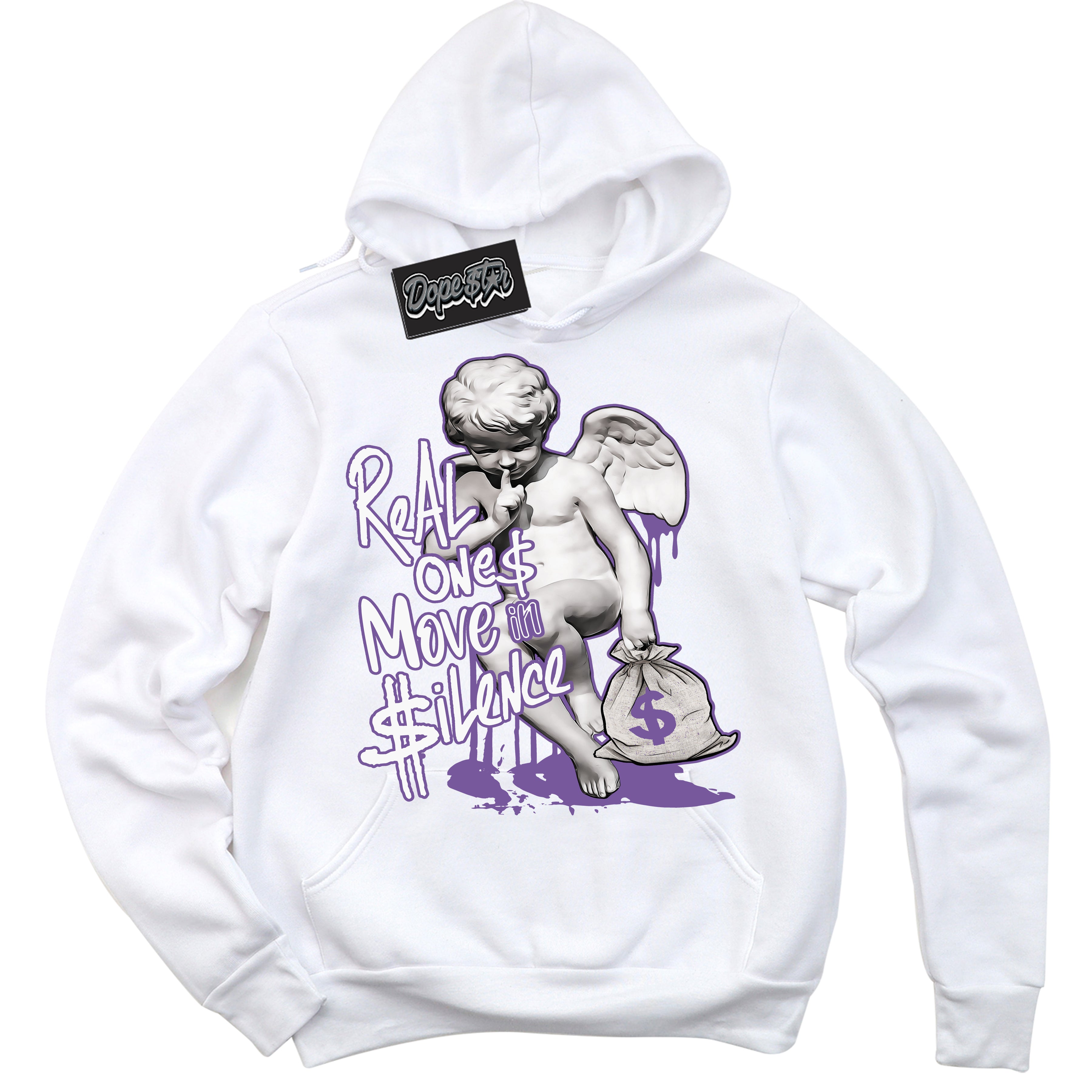 Cool White Hoodie with “Real Ones Cherub” design that Perfectly Matches Next Nature Black Raspberry.