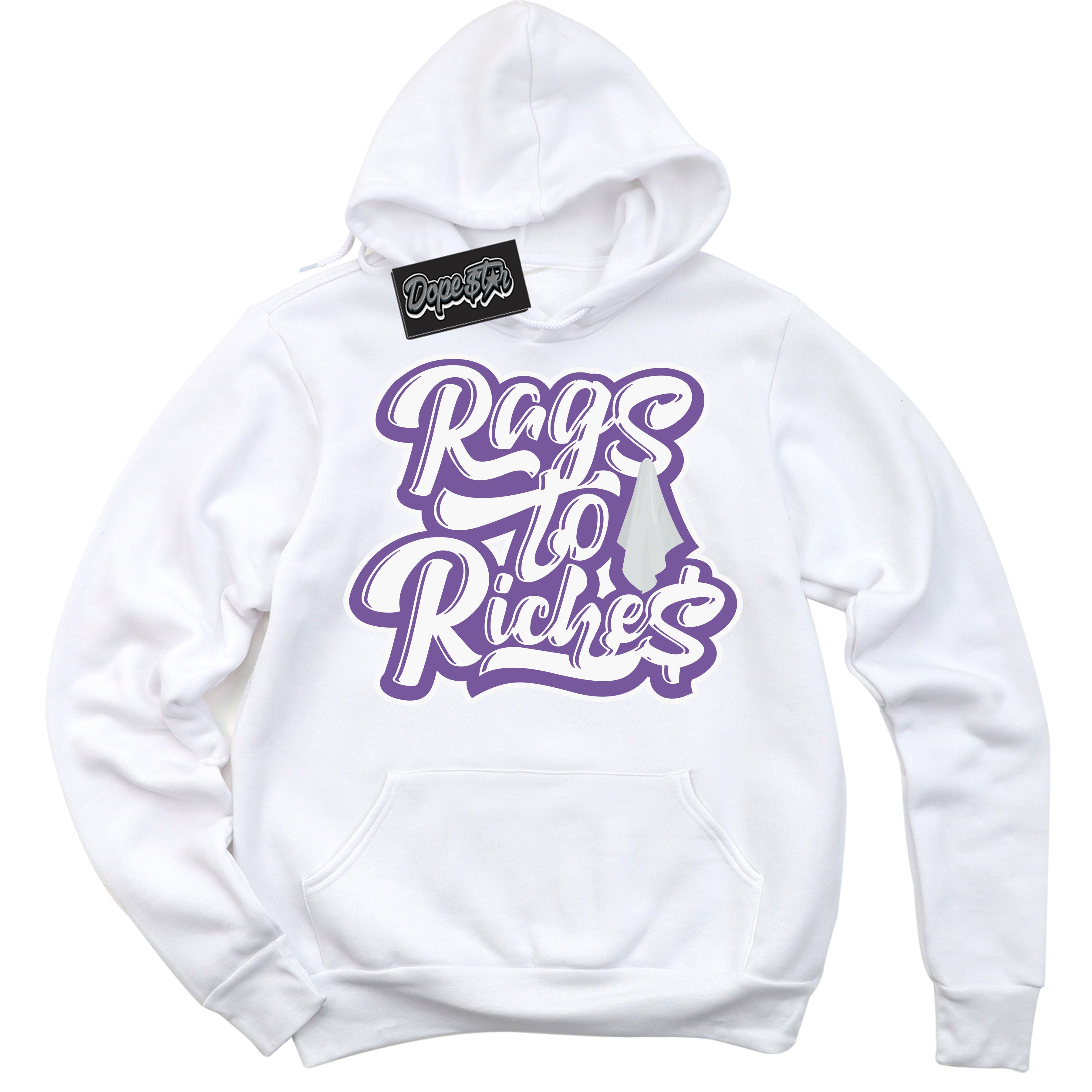 Cool White Hoodie with “Rags To Riches” design that Perfectly Matches Next Nature Black Raspberry.