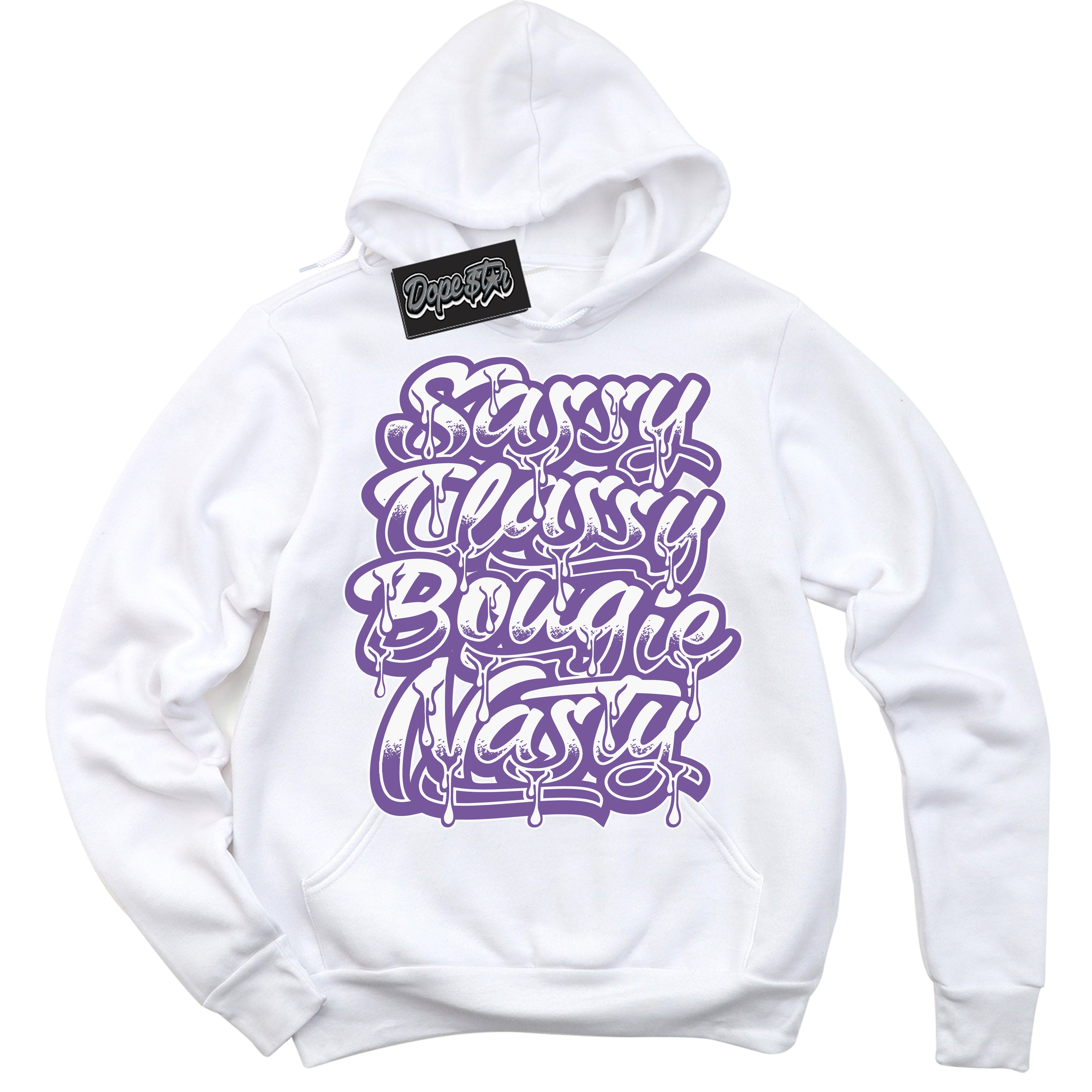 Cool White Hoodie with “Sassy Classy” design that Perfectly Matches Next Nature Black Raspberry.