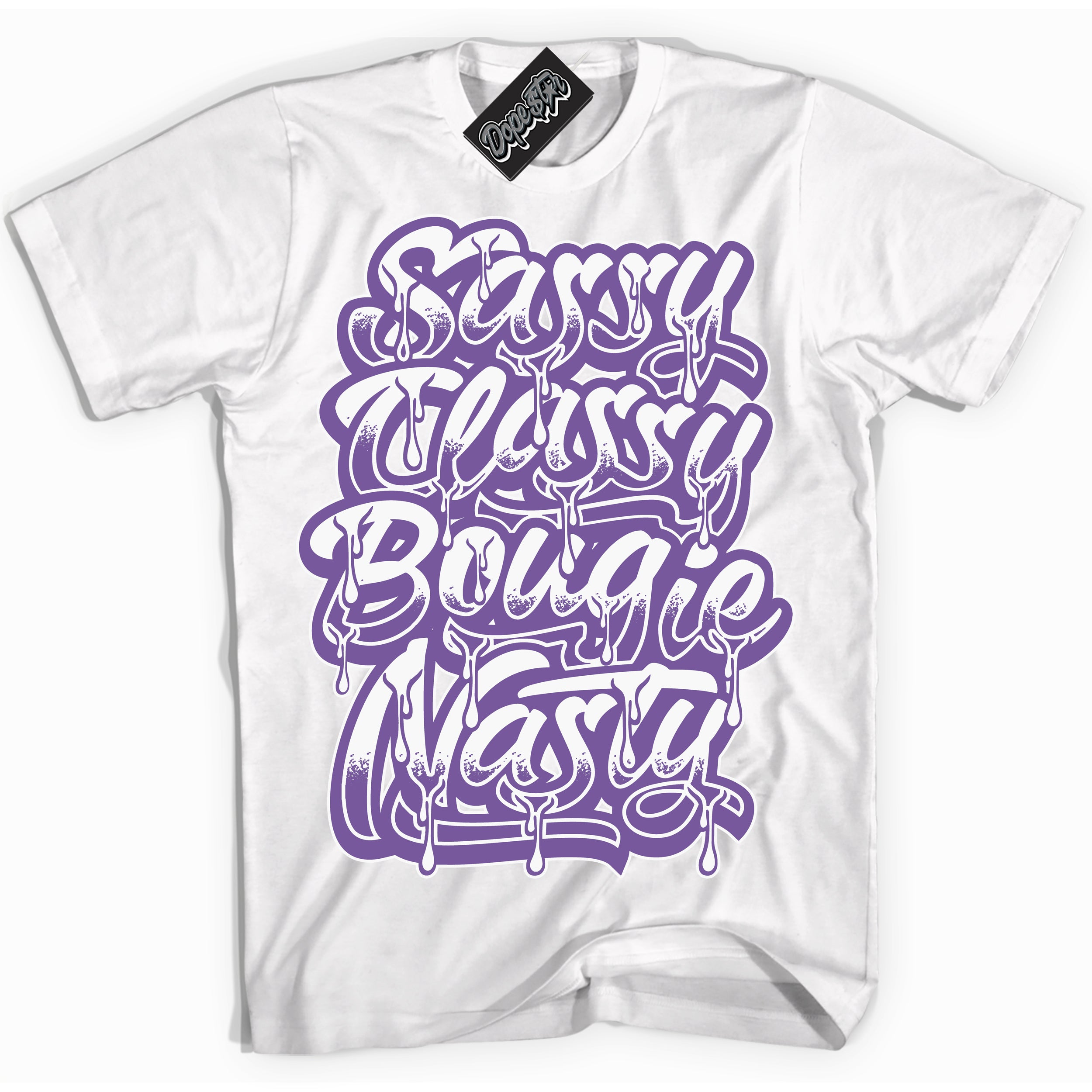 Cool White Shirt with “Sassy Classy” design that perfectly matches Next Nature Black Raspberry.