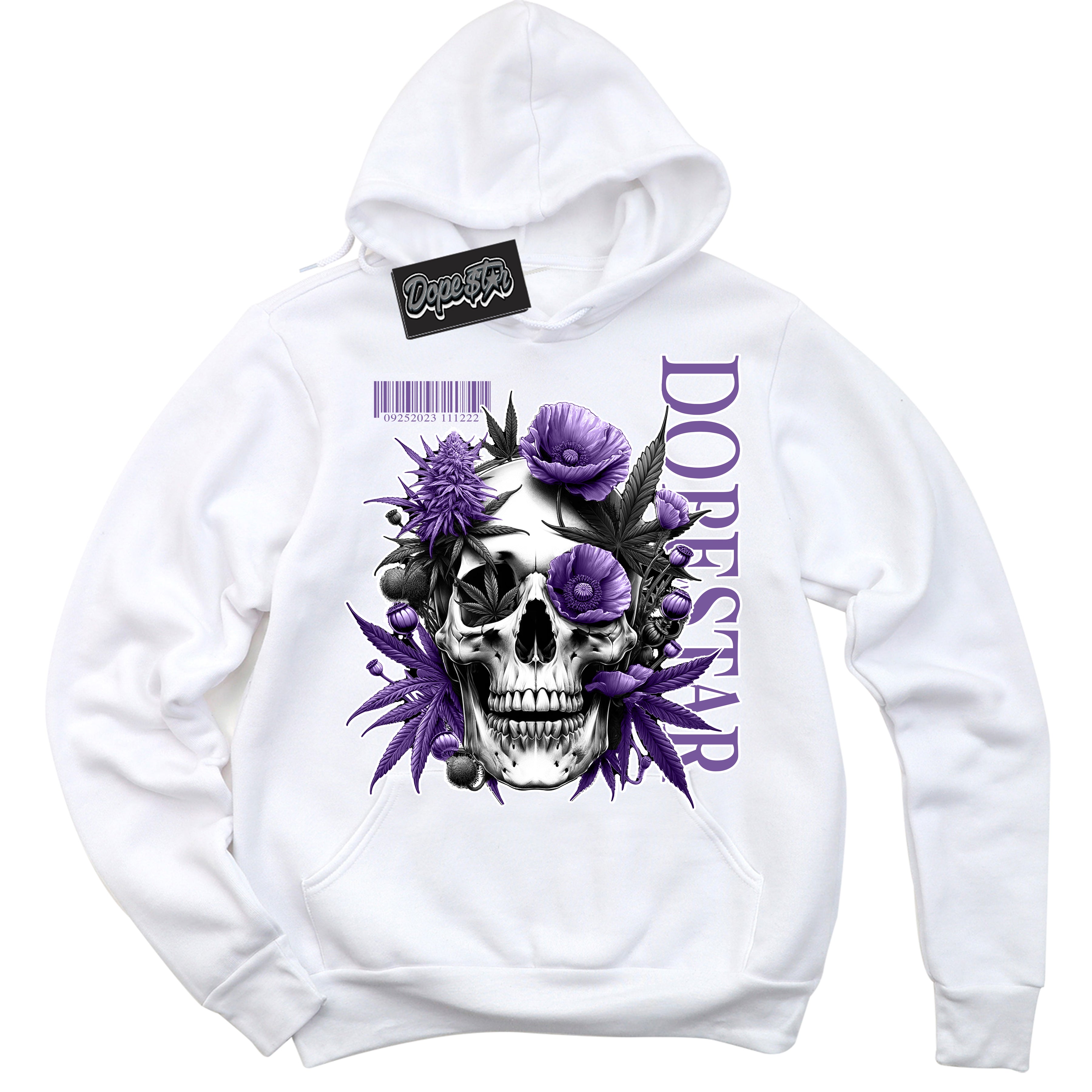 Cool White Hoodie with “Skull Poppies” design that Perfectly Matches Next Nature Black Raspberry.