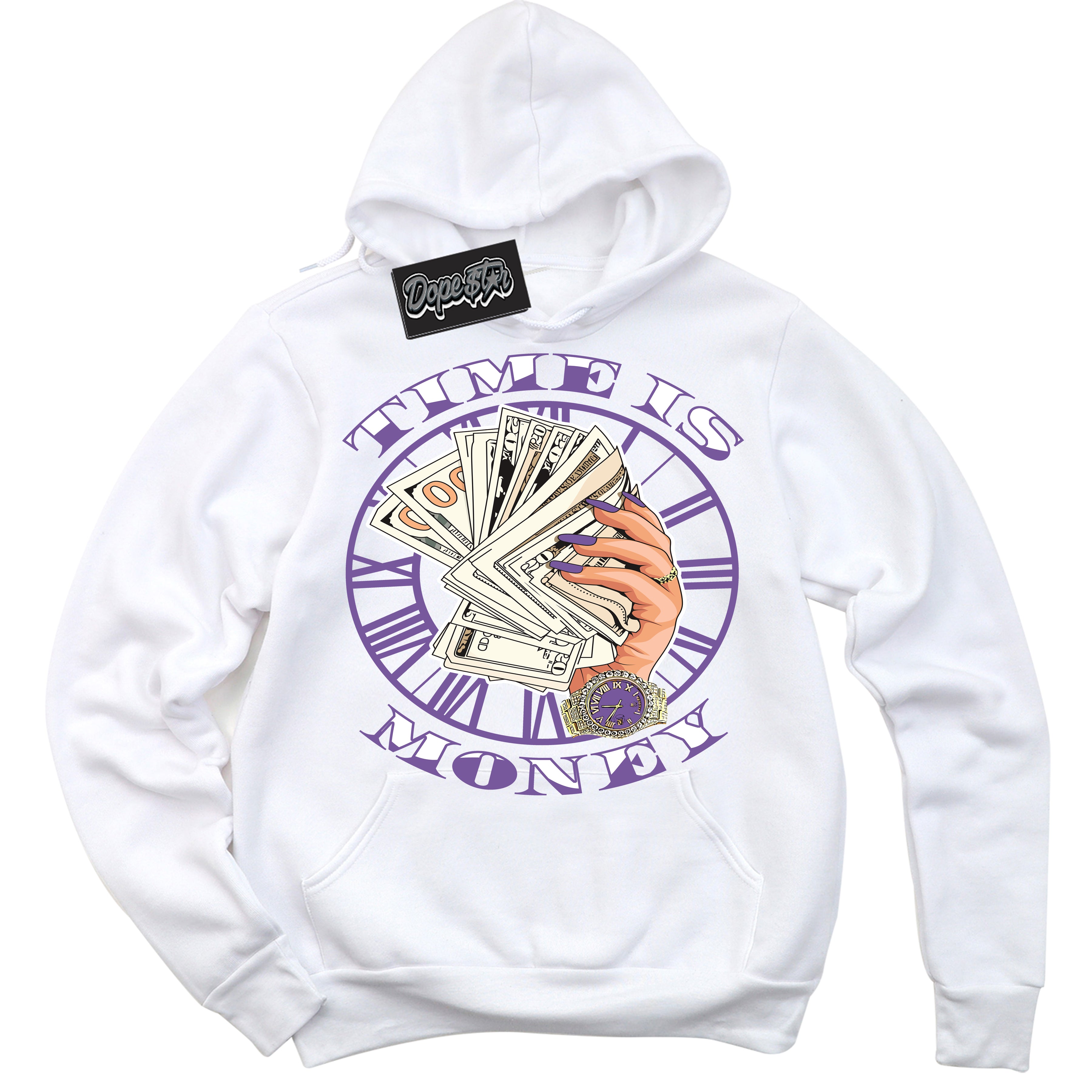 Cool White Hoodie with “Time Is Money” design that Perfectly Matches Next Nature Black Raspberry.