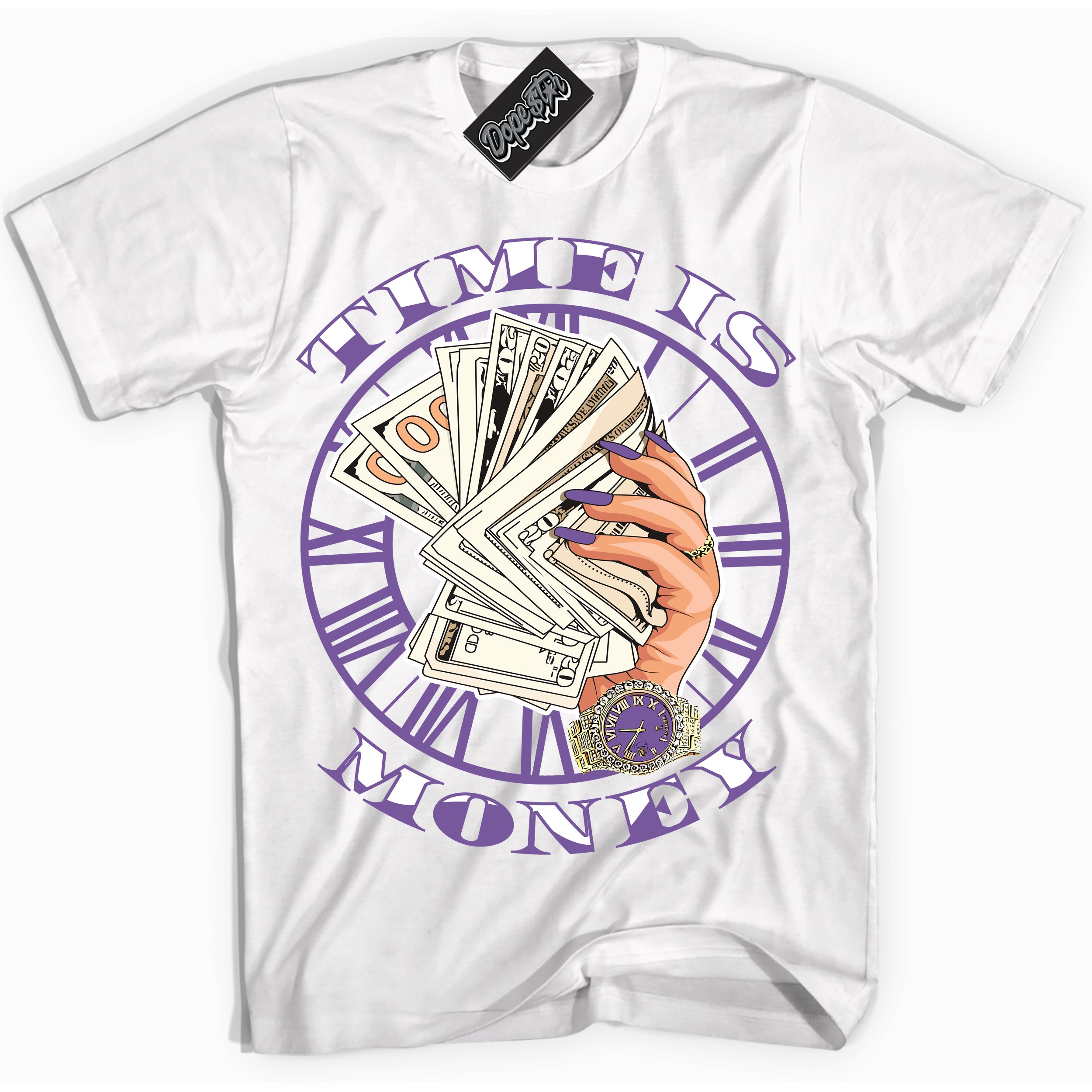 Cool White Shirt with “Time Is Money” design that perfectly matches Next Nature Black Raspberry.