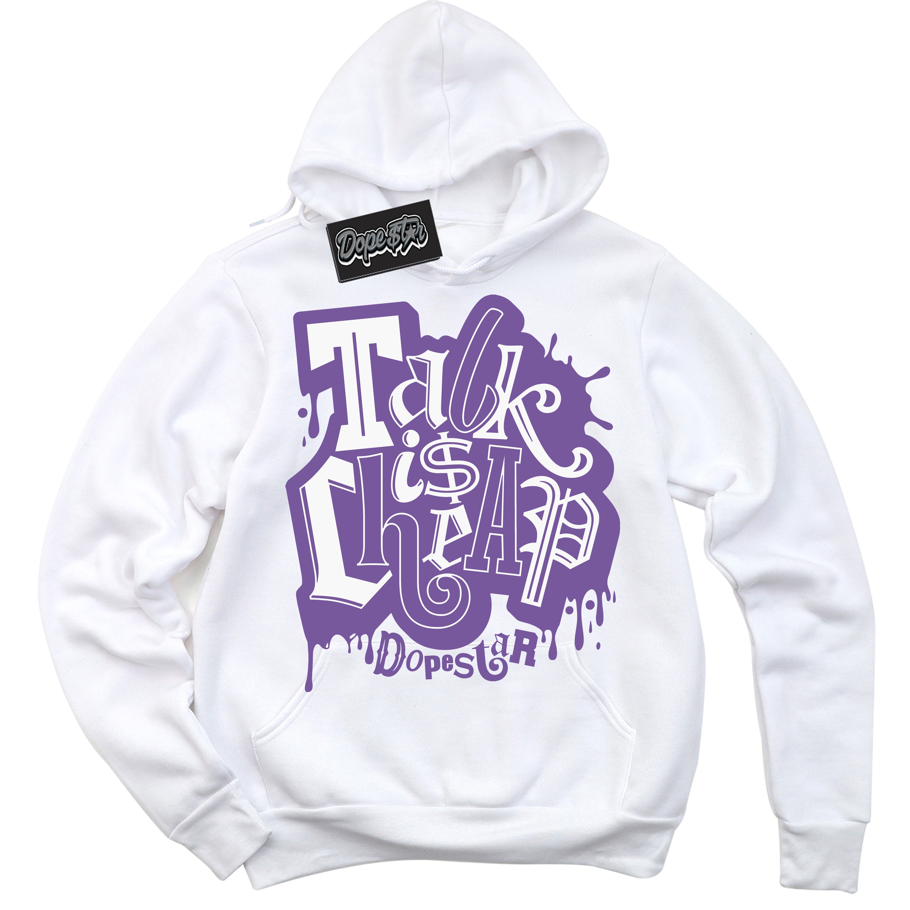 Cool White Hoodie with “Talk Is Cheap” design that Perfectly Matches Next Nature Black Raspberry.