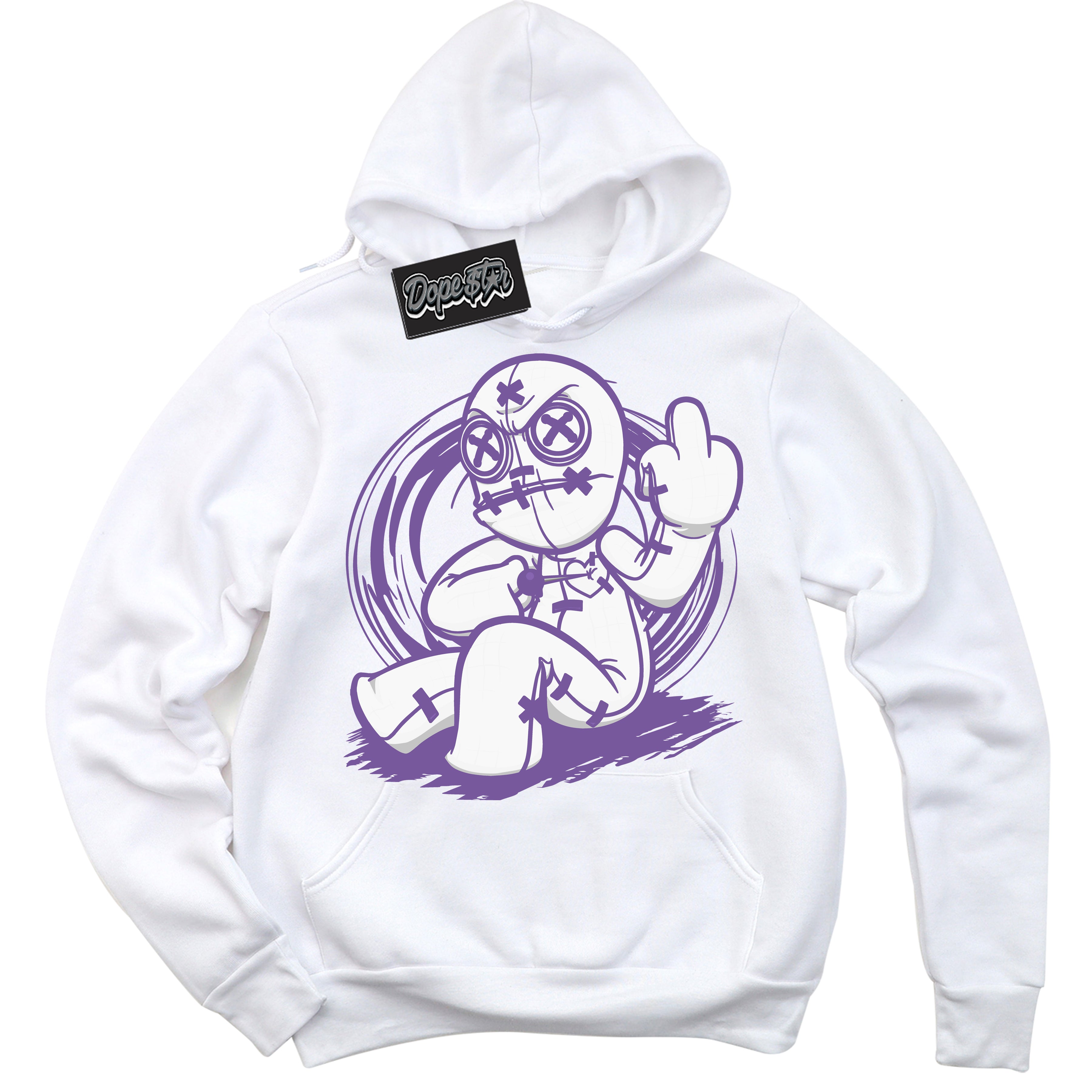 Cool White Hoodie with “Voodoo Doll” design that Perfectly Matches Next Nature Black Raspberry.