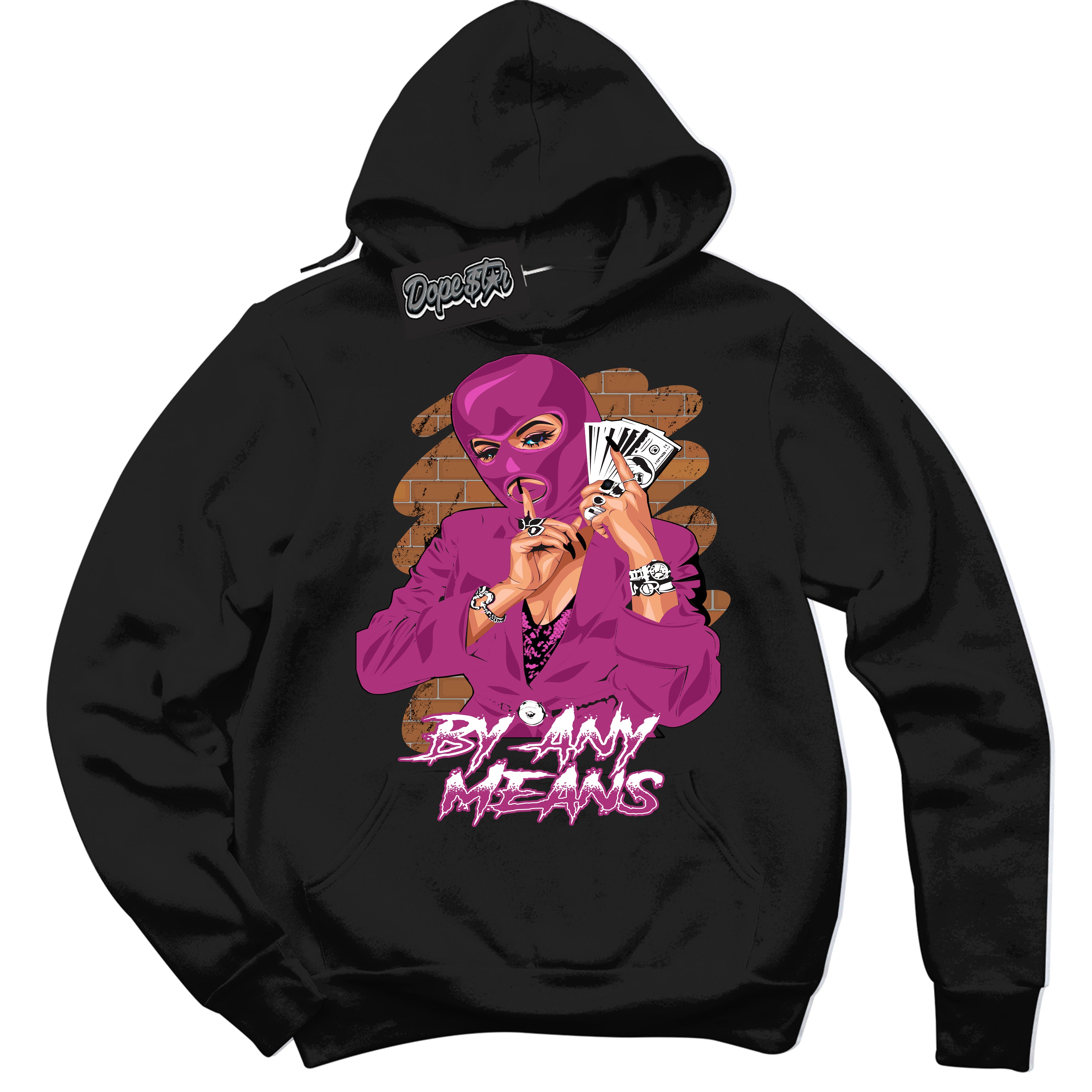 Dunk Low Next Nature Hot Fuchsia 'By Any Means' Hoodie – Black Streetwear Sweatshirt | Sneaker Matching Hoodie for Dunk Low Hot Fuchsia | Urban Fashion for Sneakerheads | Men's & Women's Streetwear Outfit by Sneaker Shirts Outlet.