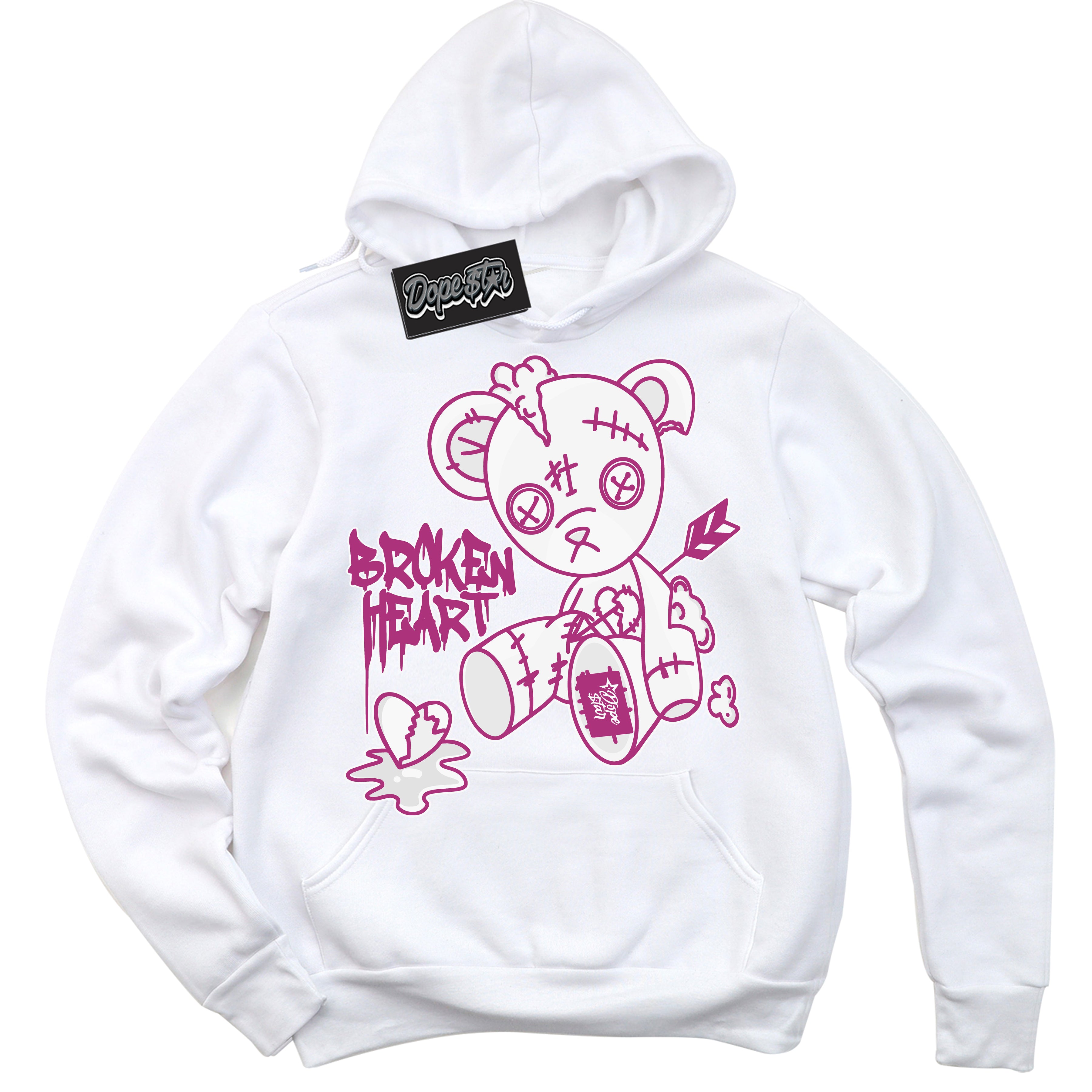 Dunk Low Next Nature Hot Fuchsia 'Broken Heart Bear' Hoodie – White Streetwear Sweatshirt | Sneaker Matching Hoodie for Dunk Low Hot Fuchsia | Urban Fashion for Sneakerheads | Men's & Women's Streetwear Outfit by Sneaker Shirts Outlet.