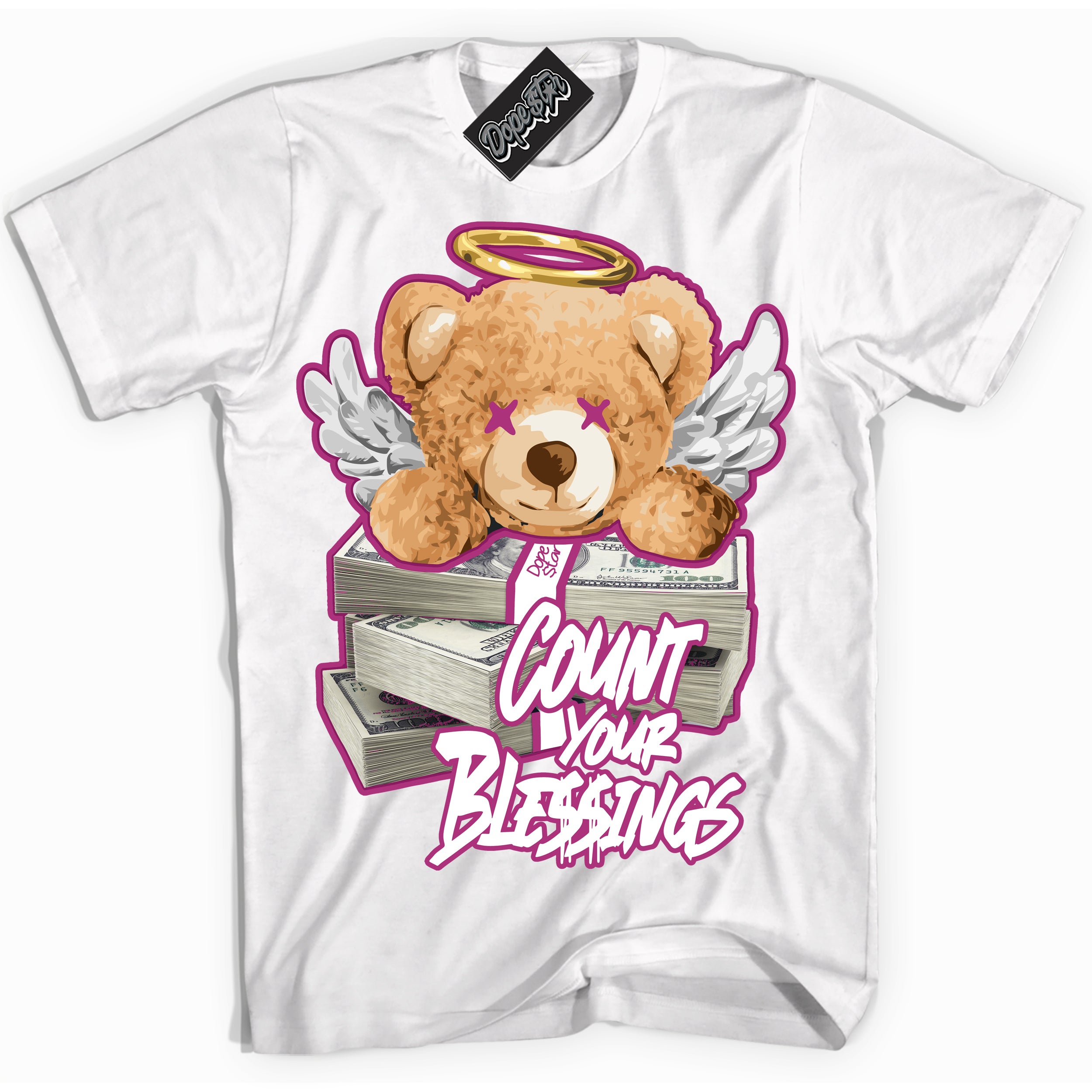 Dunk Low Next Nature Hot Fuchsia 'Count Your Blessings ' Shirt – White Streetwear T-Shirt | Sneaker Matching Tee for Dunk Low Hot Fuchsia | Urban Fashion for Sneakerheads | Men's & Women's Streetwear Outfit by Sneaker Shirts Outlet.