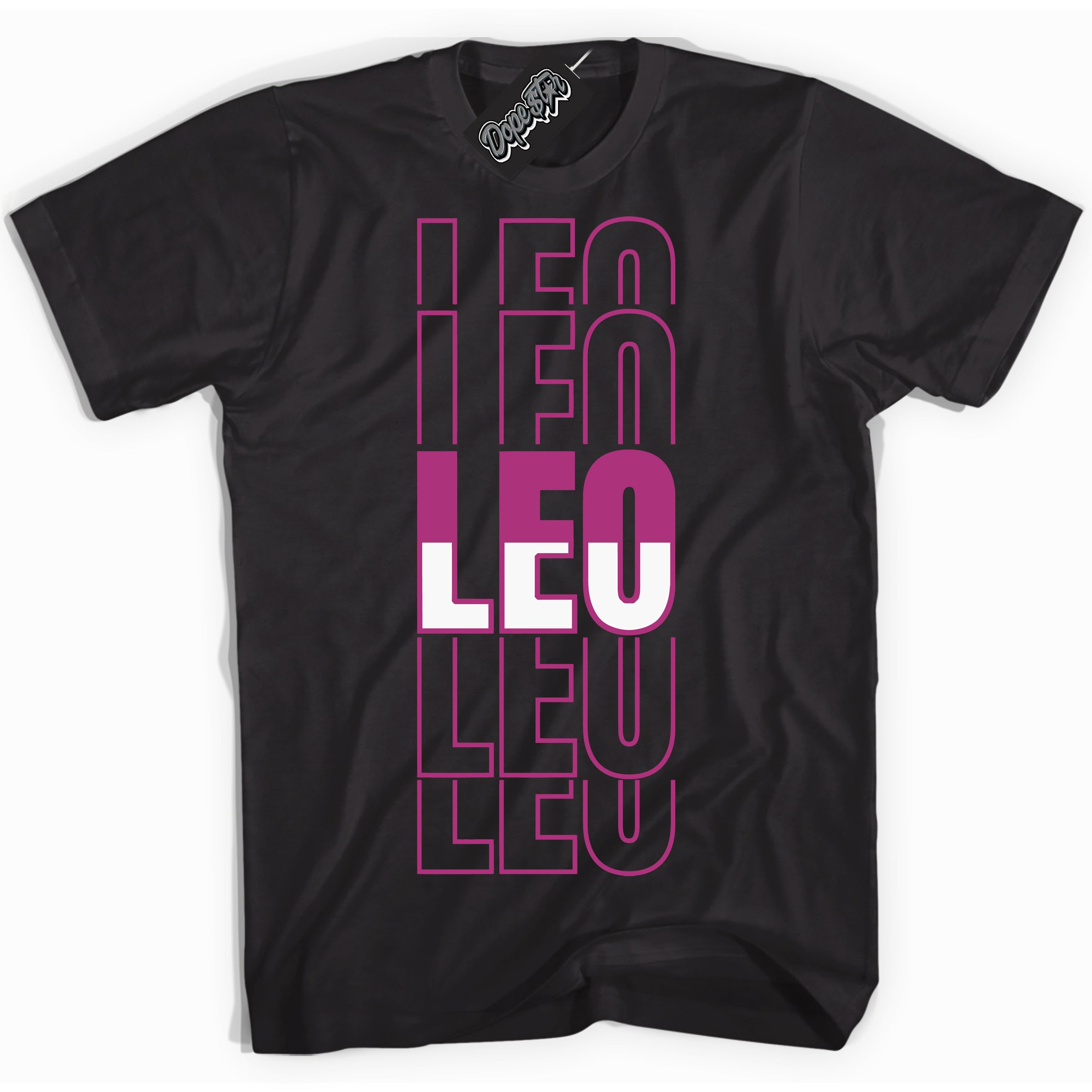 Dunk Low Next Nature Hot Fuchsia Dunk 'Leo' Shirt - Black Streetwear Mockup | Sneakerhead T-Shirt Matching Dunk Low Next Nature Hot Fuchsia Dunk | Leo Urban Streetwear for Sneaker Matching OOTD | Outfits that pair perfectly with your ND Low Next Nature Hot Fuchsia Dunk | Sneakerhead Fashion Must-Have Apparel for Men and Women.