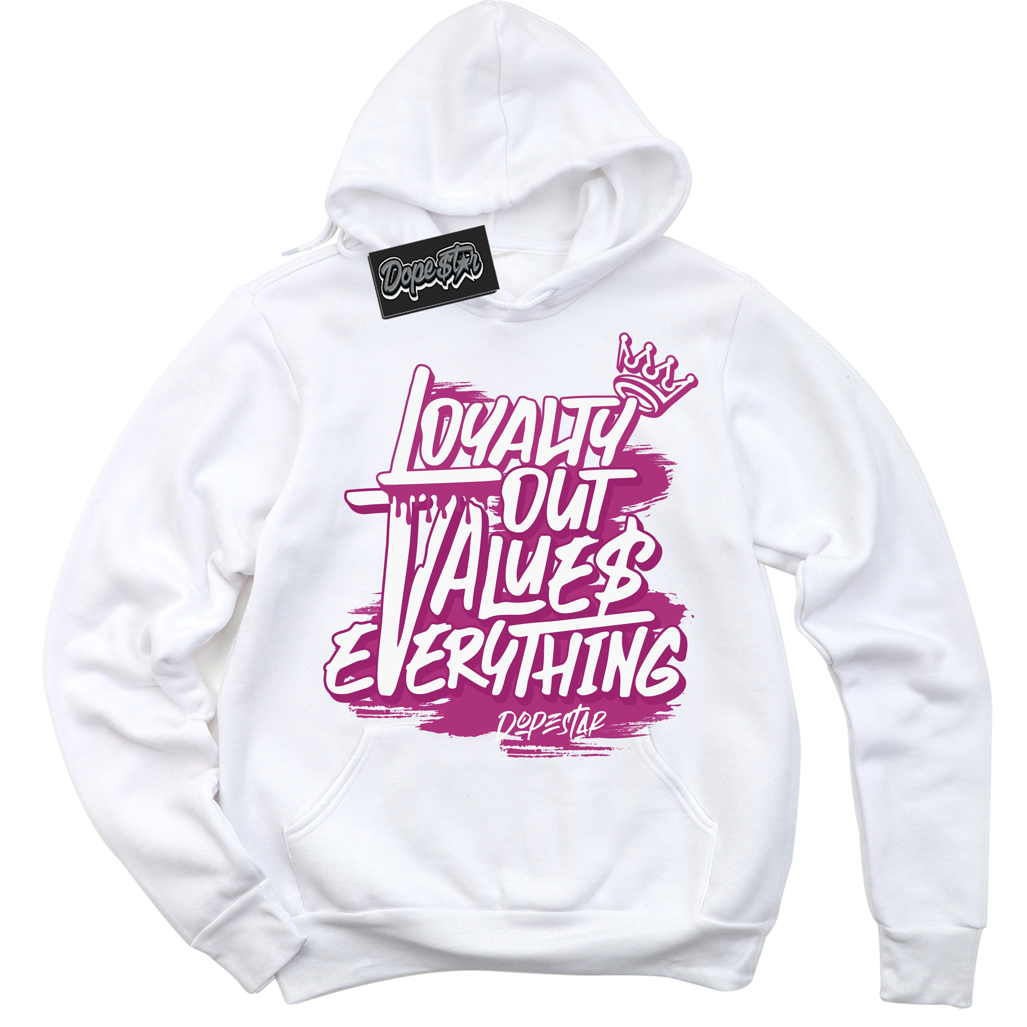 Dunk Low Next Nature Hot Fuchsia Dunk 'Loyalty Out Values Everything' Hoodie - White Streetwear Mockup | Sneakerhead Sweatshirt Matching Dunk Low Next Nature Hot Fuchsia Dunk | Loyalty Out Values Everything Urban Streetwear for Sneaker Matching OOTD | Outfits that pair perfectly with your ND Low Next Nature Hot Fuchsia Dunk | Sneakerhead Fashion Must-Have Apparel for Men and Women.