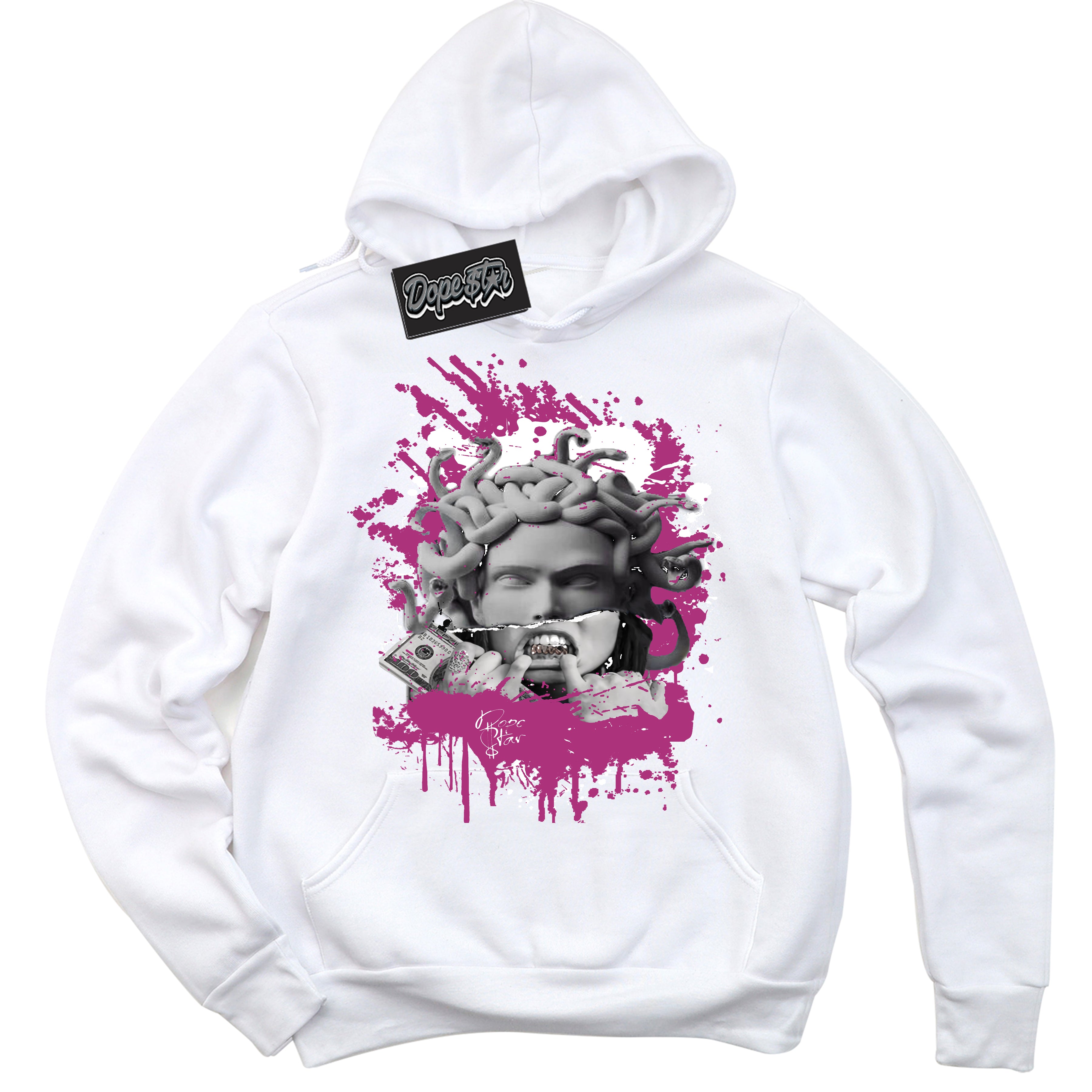 Dunk Low Next Nature Hot Fuchsia Dunk 'Medusa' Hoodie - White Streetwear Mockup | Sneakerhead Sweatshirt Matching Dunk Low Next Nature Hot Fuchsia Dunk | Medusa Urban Streetwear for Sneaker Matching OOTD | Outfits that pair perfectly with your ND Low Next Nature Hot Fuchsia Dunk | Sneakerhead Fashion Must-Have Apparel for Men and Women.