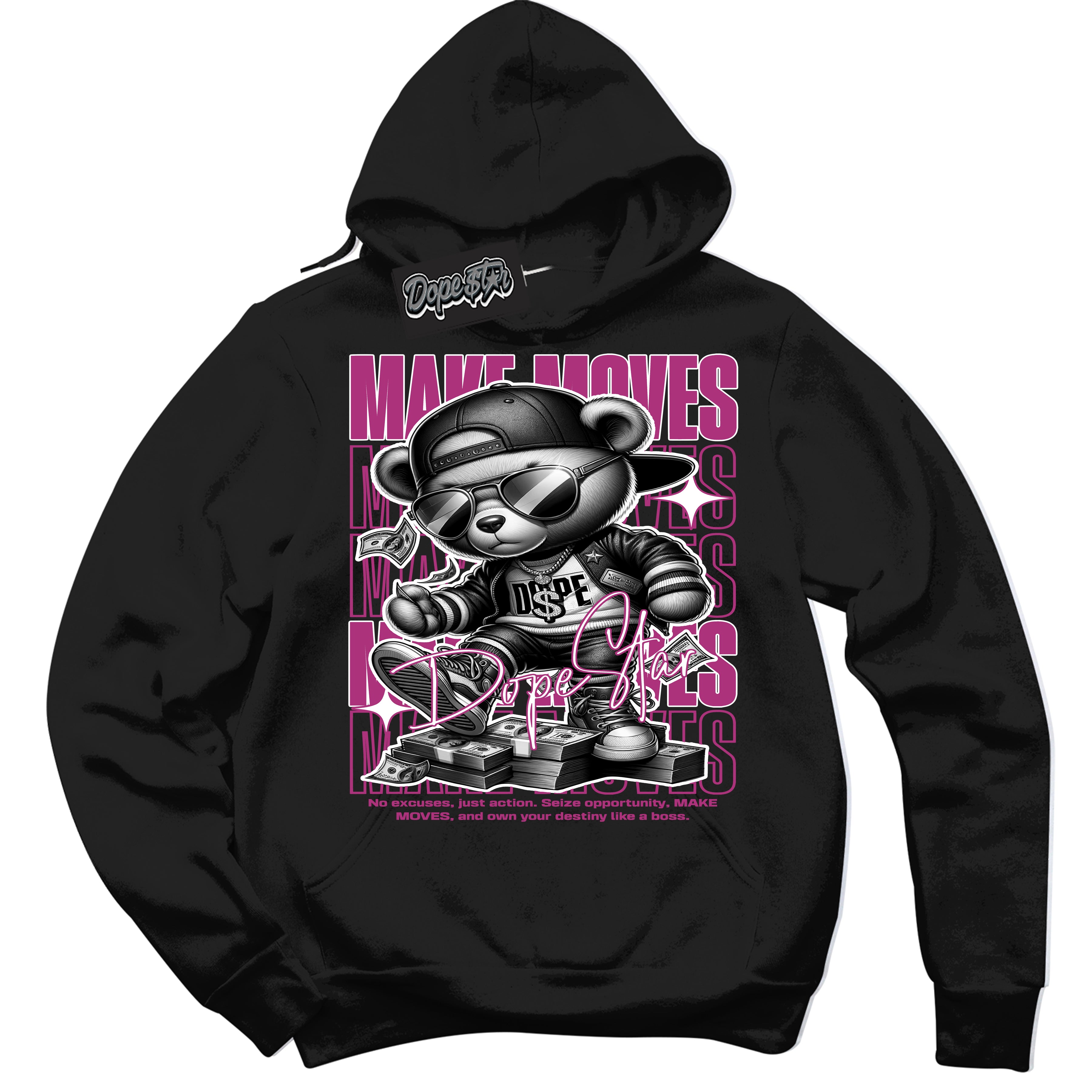 Dunk Low Next Nature Hot Fuchsia Dunk 'Make Moves' Hoodie - Black Streetwear Mockup | Sneakerhead Sweatshirt Matching Dunk Low Next Nature Hot Fuchsia Dunk | Make Moves Urban Streetwear for Sneaker Matching OOTD | Outfits that pair perfectly with your ND Low Next Nature Hot Fuchsia Dunk | Sneakerhead Fashion Must-Have Apparel for Men and Women.