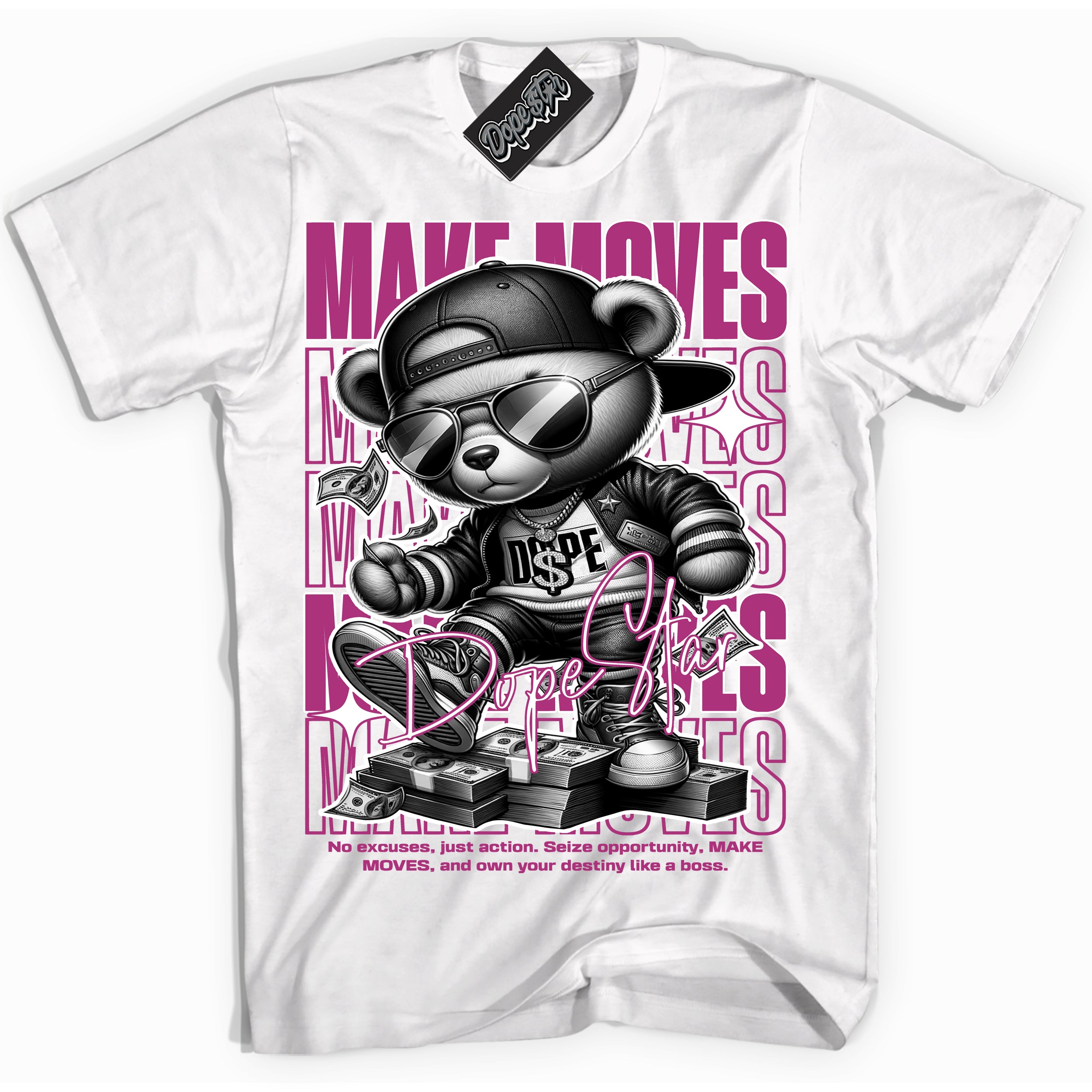 Dunk Low Next Nature Hot Fuchsia Dunk 'Make Moves' Shirt - White Streetwear Mockup | Sneakerhead T-Shirt Matching Dunk Low Next Nature Hot Fuchsia Dunk | Make Moves Urban Streetwear for Sneaker Matching OOTD | Outfits that pair perfectly with your ND Low Next Nature Hot Fuchsia Dunk | Sneakerhead Fashion Must-Have Apparel for Men and Women.