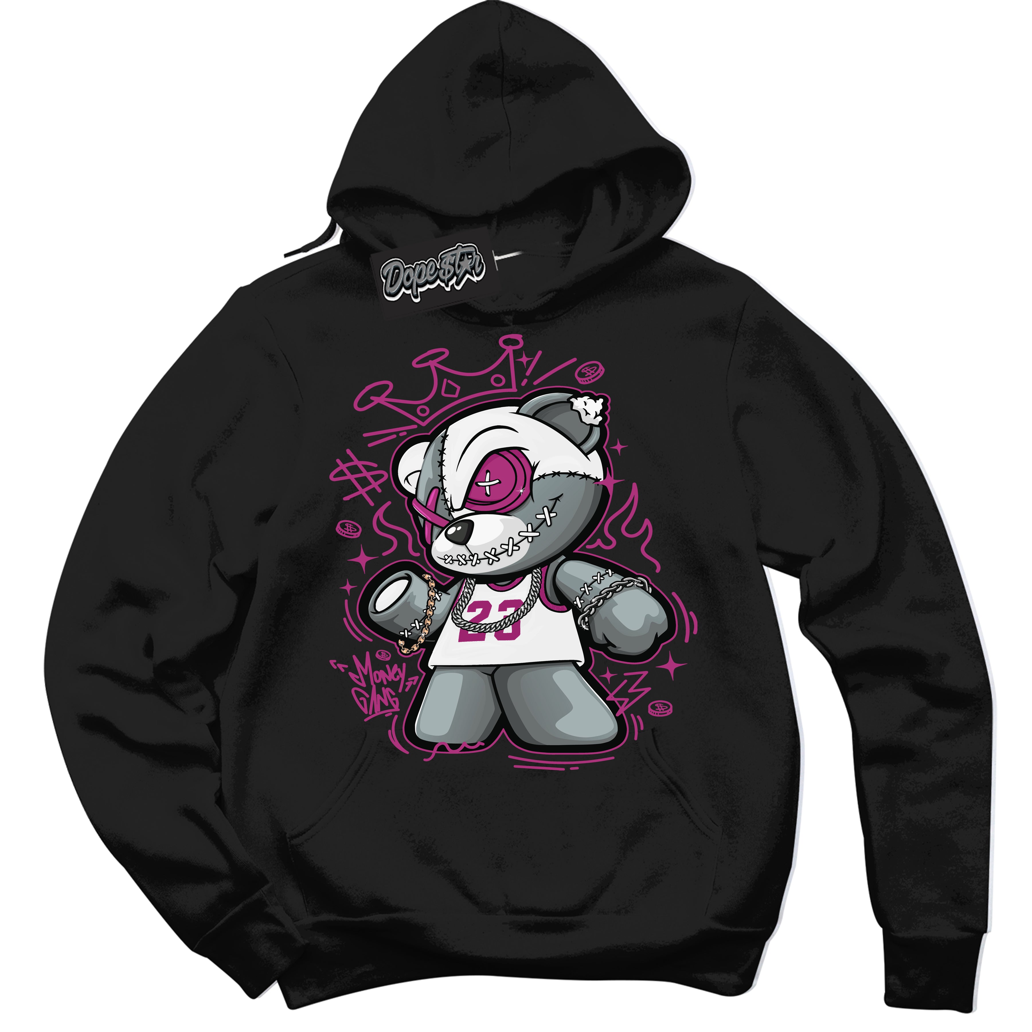 Dunk Low Next Nature Hot Fuchsia Dunk 'Money Gang Bear' Hoodie - Black Streetwear Mockup | Sneakerhead Sweatshirt Matching Dunk Low Next Nature Hot Fuchsia Dunk | Money Gang Bear Urban Streetwear for Sneaker Matching OOTD | Outfits that pair perfectly with your ND Low Next Nature Hot Fuchsia Dunk | Sneakerhead Fashion Must-Have Apparel for Men and Women.